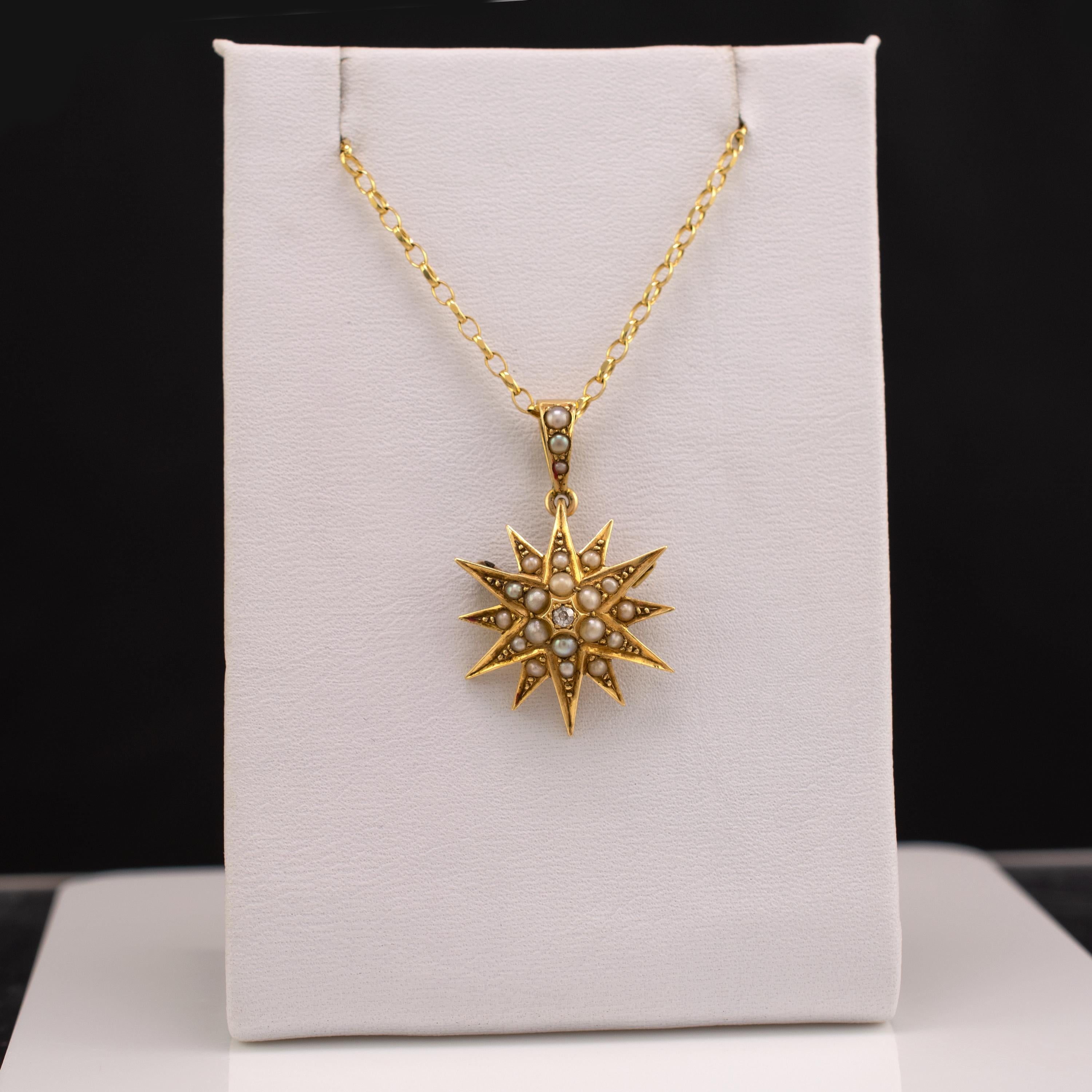 Rose Cut 18 Karat Pearl Diamond Star Pendant Brooch with 18 Karat Gold Chain, circa 1900