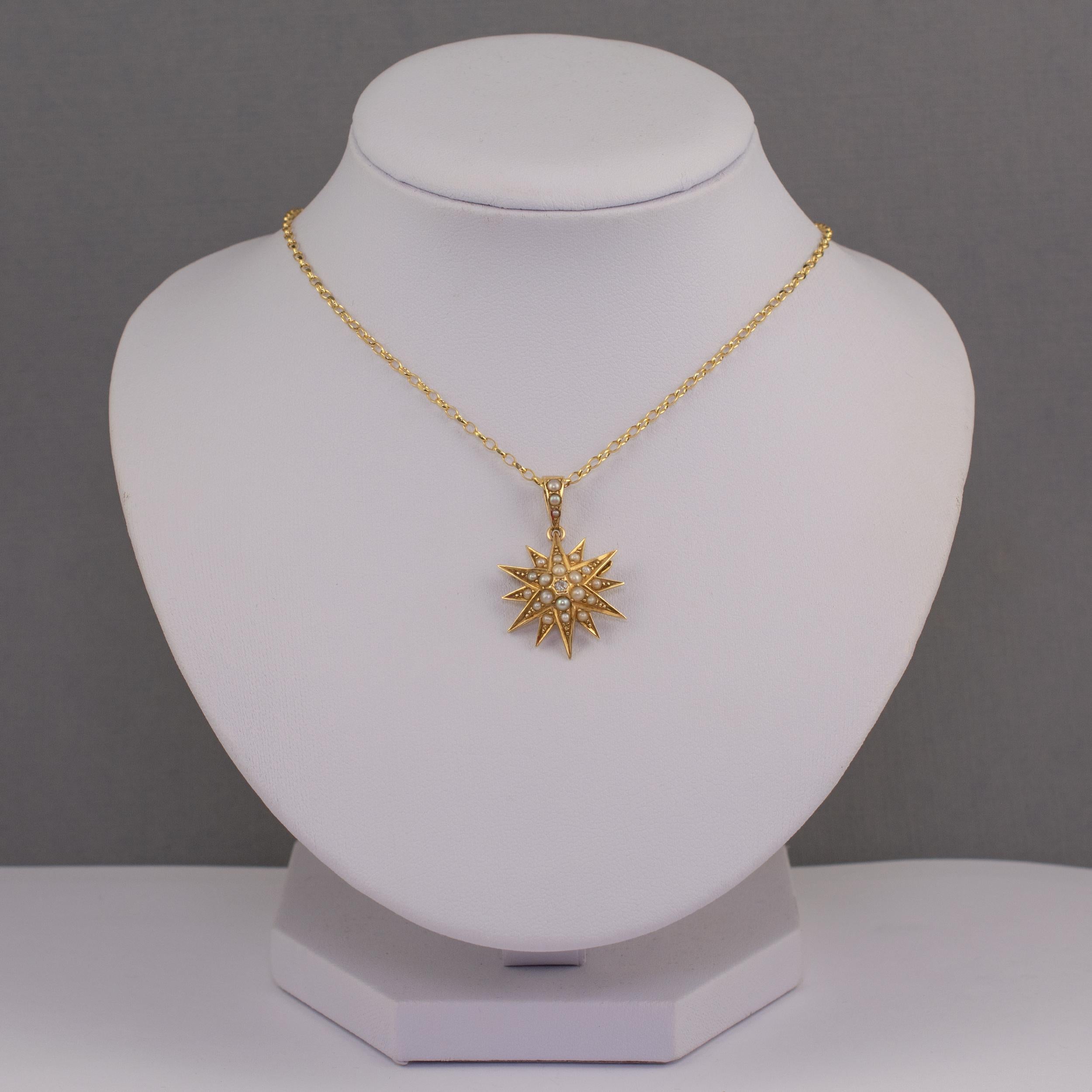 18 Karat Pearl Diamond Star Pendant Brooch with 18 Karat Gold Chain, circa 1900 In Good Condition In Preston, Lancashire