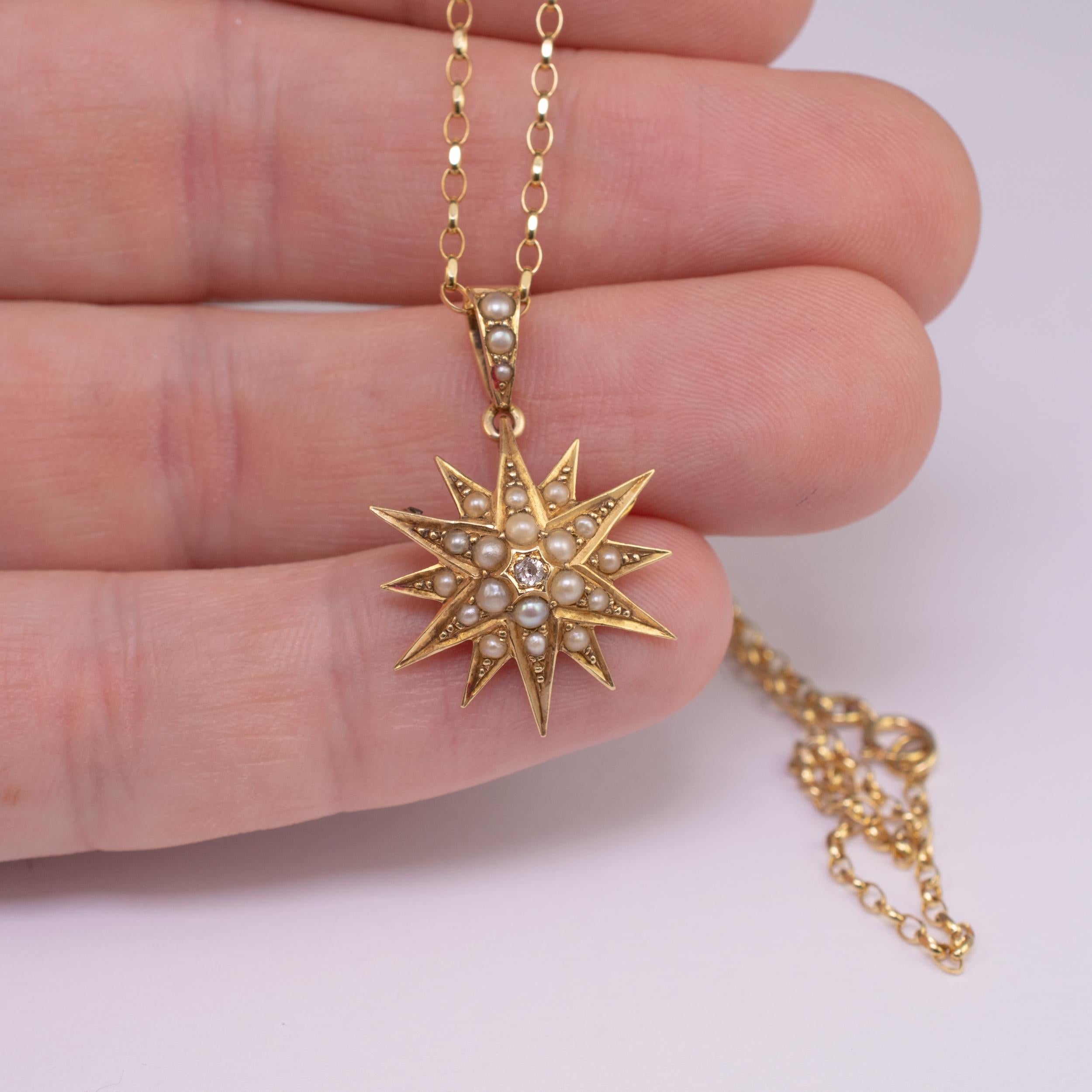 18 Karat Pearl Diamond Star Pendant Brooch with 18 Karat Gold Chain, circa 1900 2
