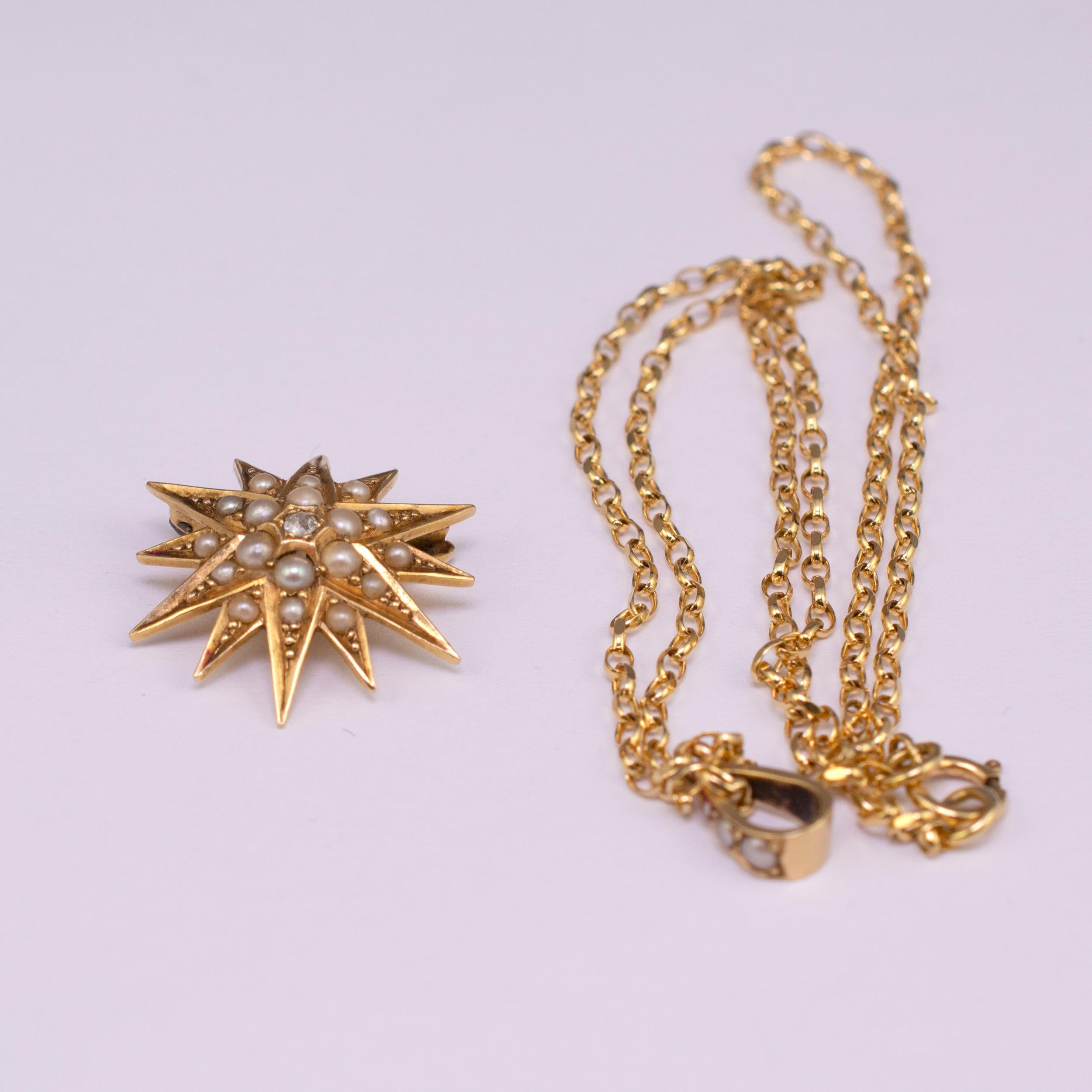 18 Karat Pearl Diamond Star Pendant Brooch with 18 Karat Gold Chain, circa 1900 3