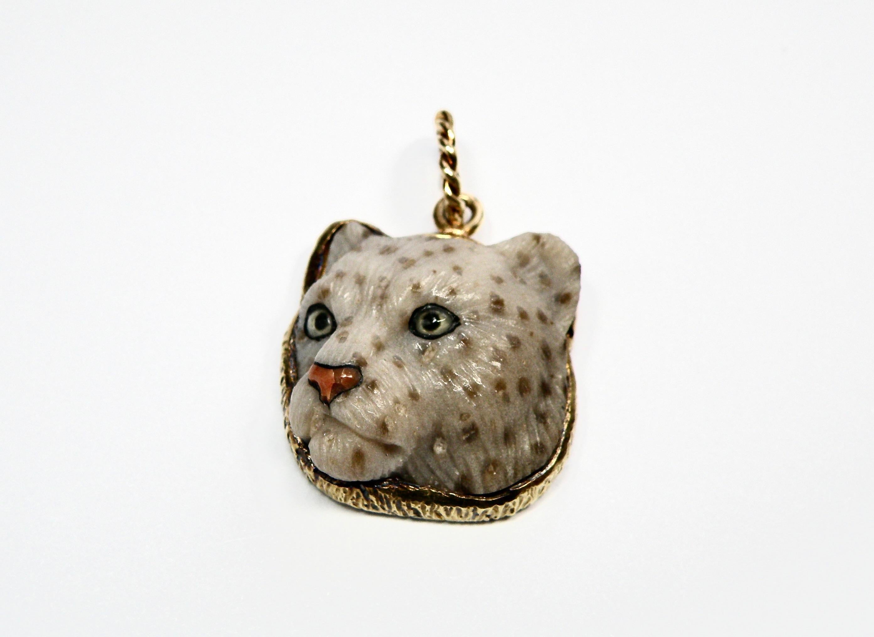 18k pendant hand carved petrified palm Panther head In New Condition For Sale In Cohasset, MA