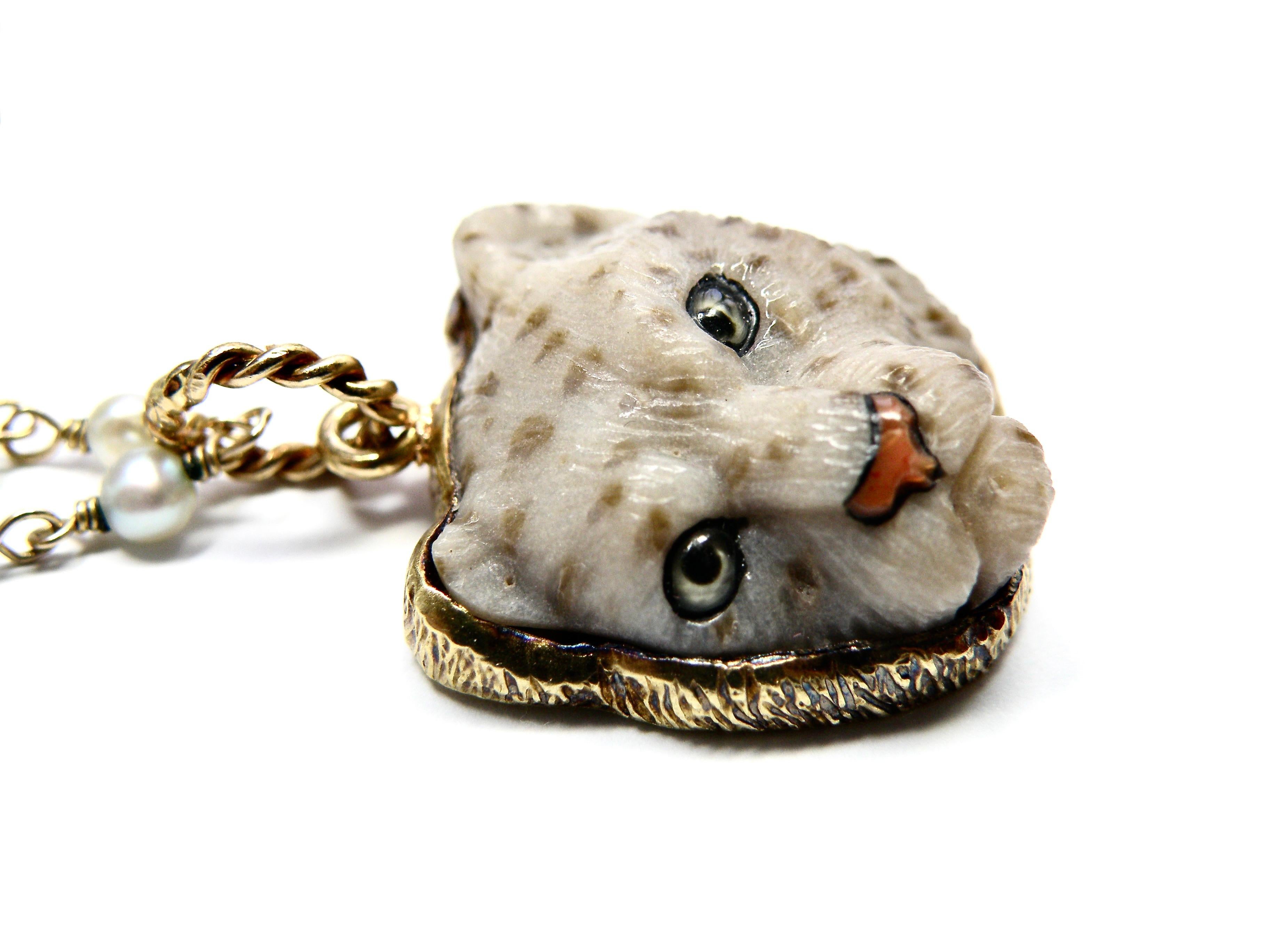 Women's or Men's 18k pendant hand carved petrified palm Panther head For Sale