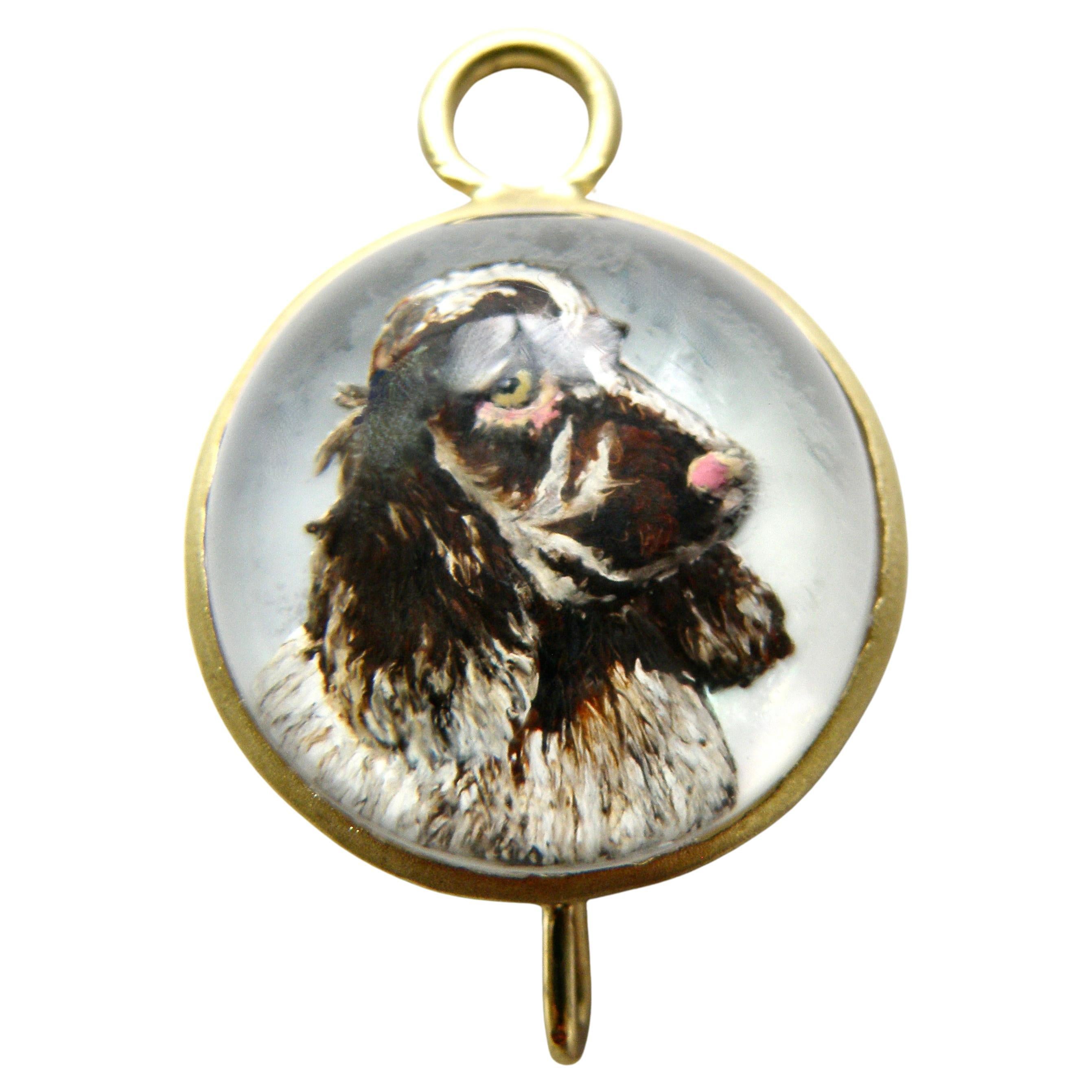 18k pendant. Hand painted Spaniel on MOP, reverse crystal For Sale
