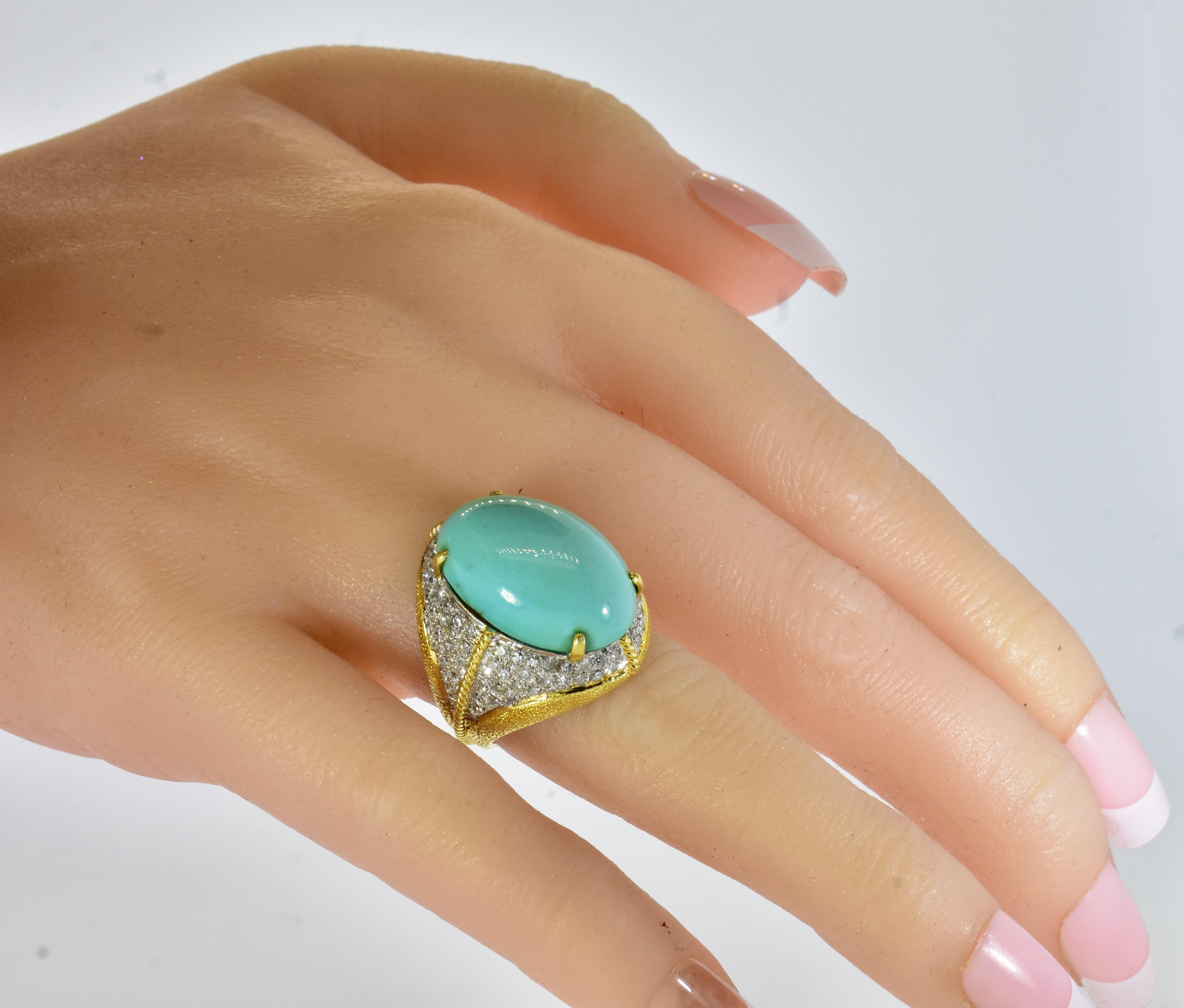 Cabochon 18K, Persian Turquoise and Diamond Large Vintage Ring, circa 1960