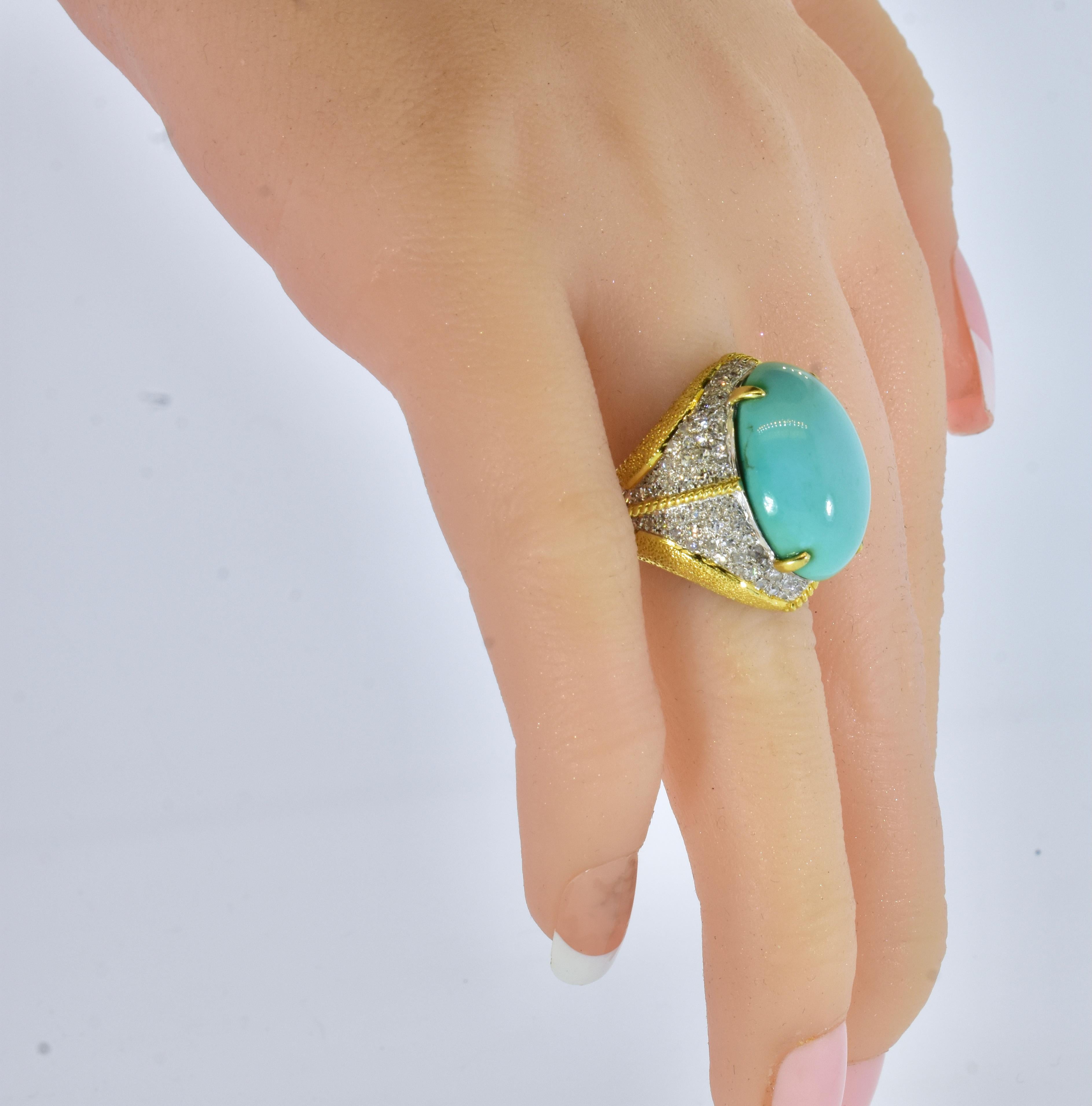 18K, Persian Turquoise and Diamond Large Vintage Ring, circa 1960 In Excellent Condition In Aspen, CO