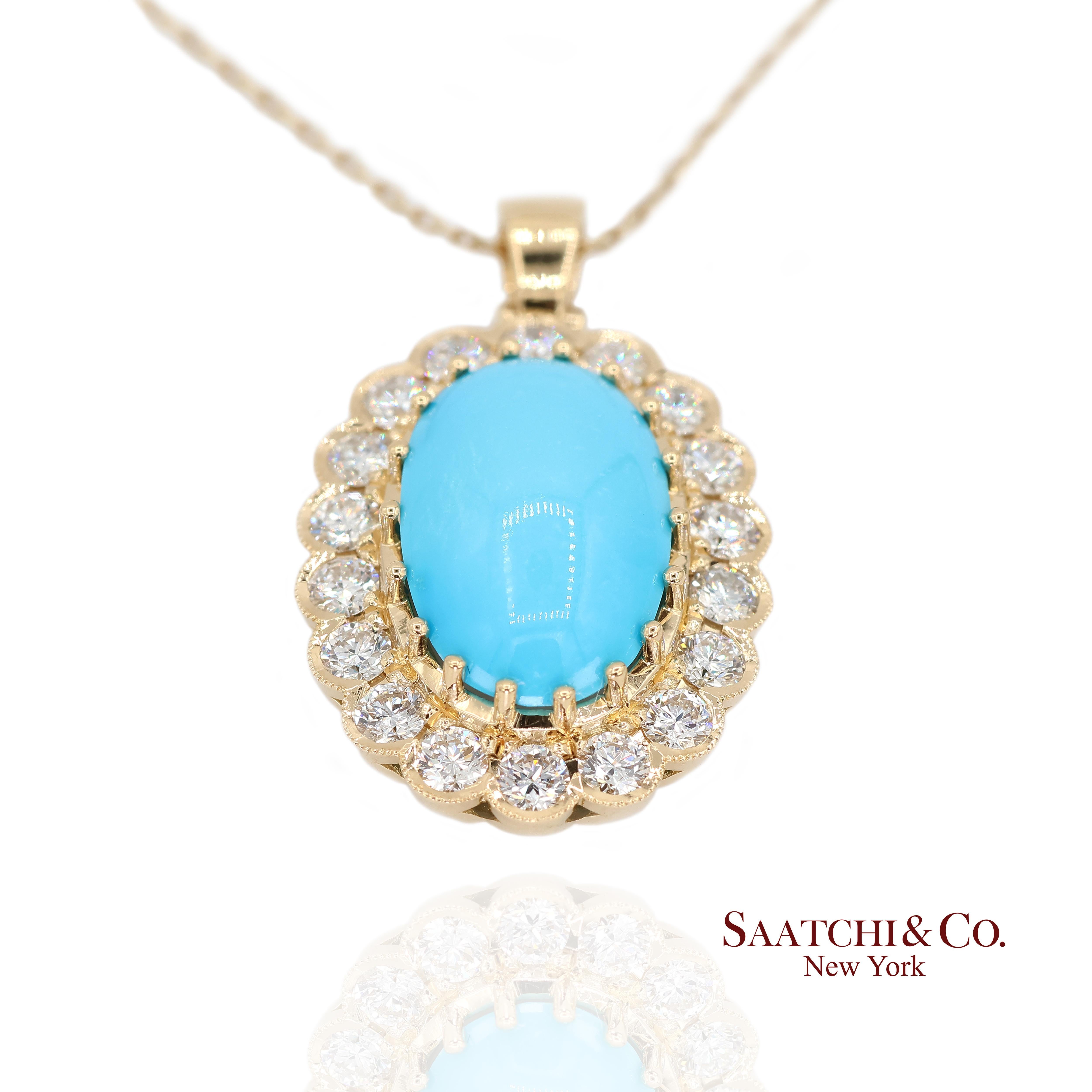 Turquoise and Diamond Pendant Necklace

Metal Type: 18k Yellow Gold
Total Item Weight: 8.0 Grams
Dimensions: Length: 33.0 mm Width: 18.5 mm Height: 10.0 mm
1:
Primary Stone: Natural Turquoise
Carat Weight: 8.3 Ct.
Cut: Cabochon
Color: