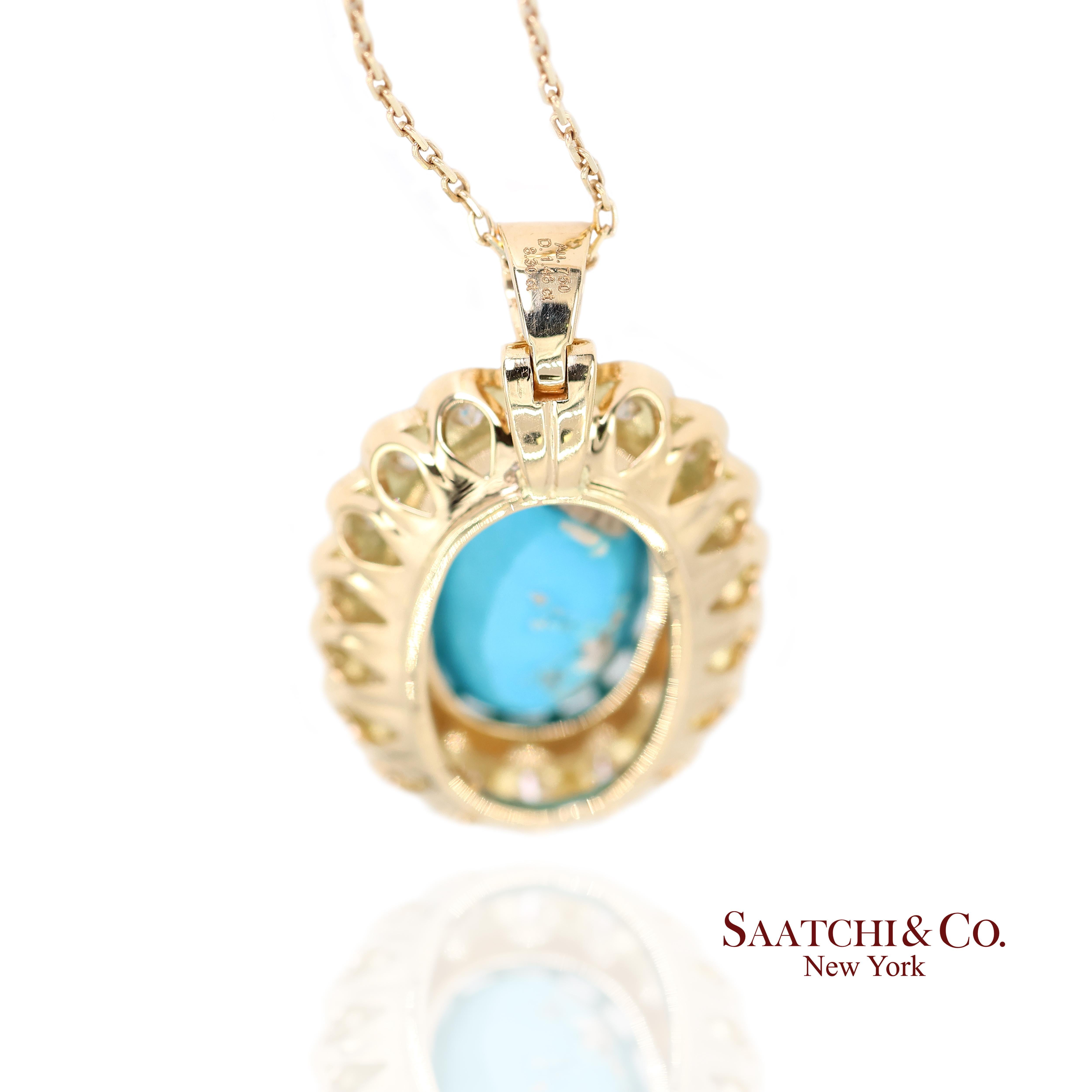 Contemporary 18k Persian Turquoise and Diamond Pendant Womens Yellow Gold Oval Cabochon For Sale