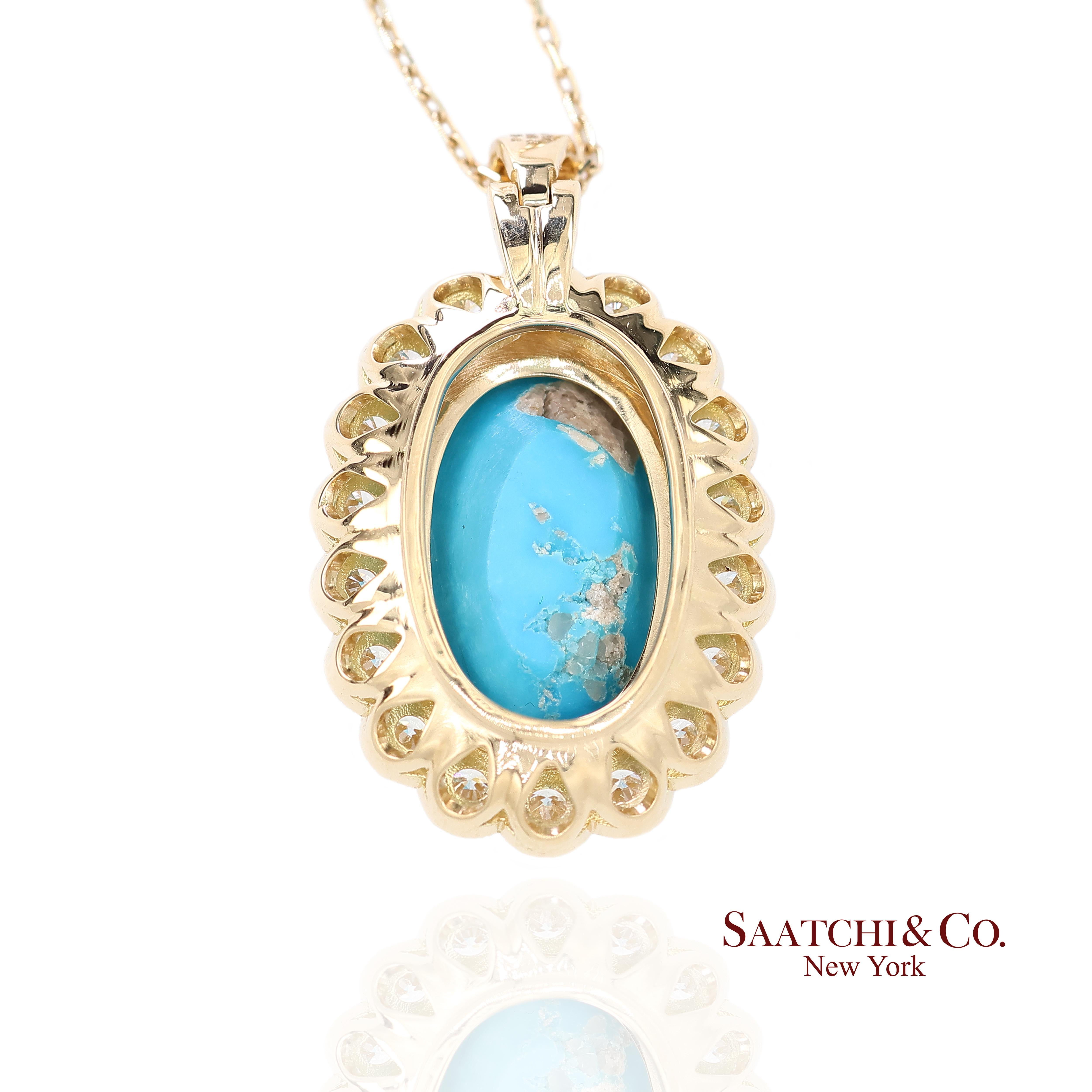 18k Persian Turquoise and Diamond Pendant Womens Yellow Gold Oval Cabochon In New Condition For Sale In New York, NY