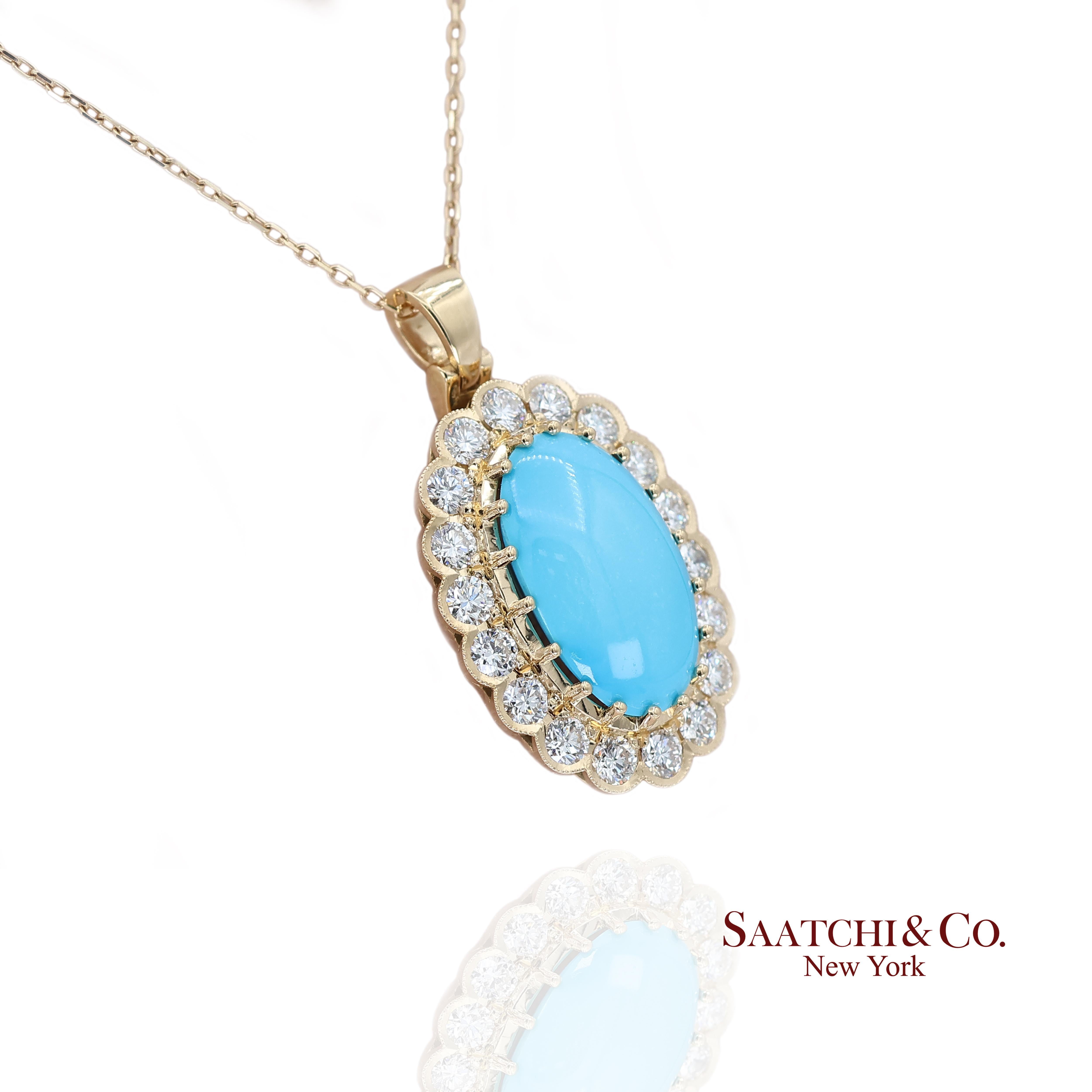 Women's 18k Persian Turquoise and Diamond Pendant Womens Yellow Gold Oval Cabochon For Sale