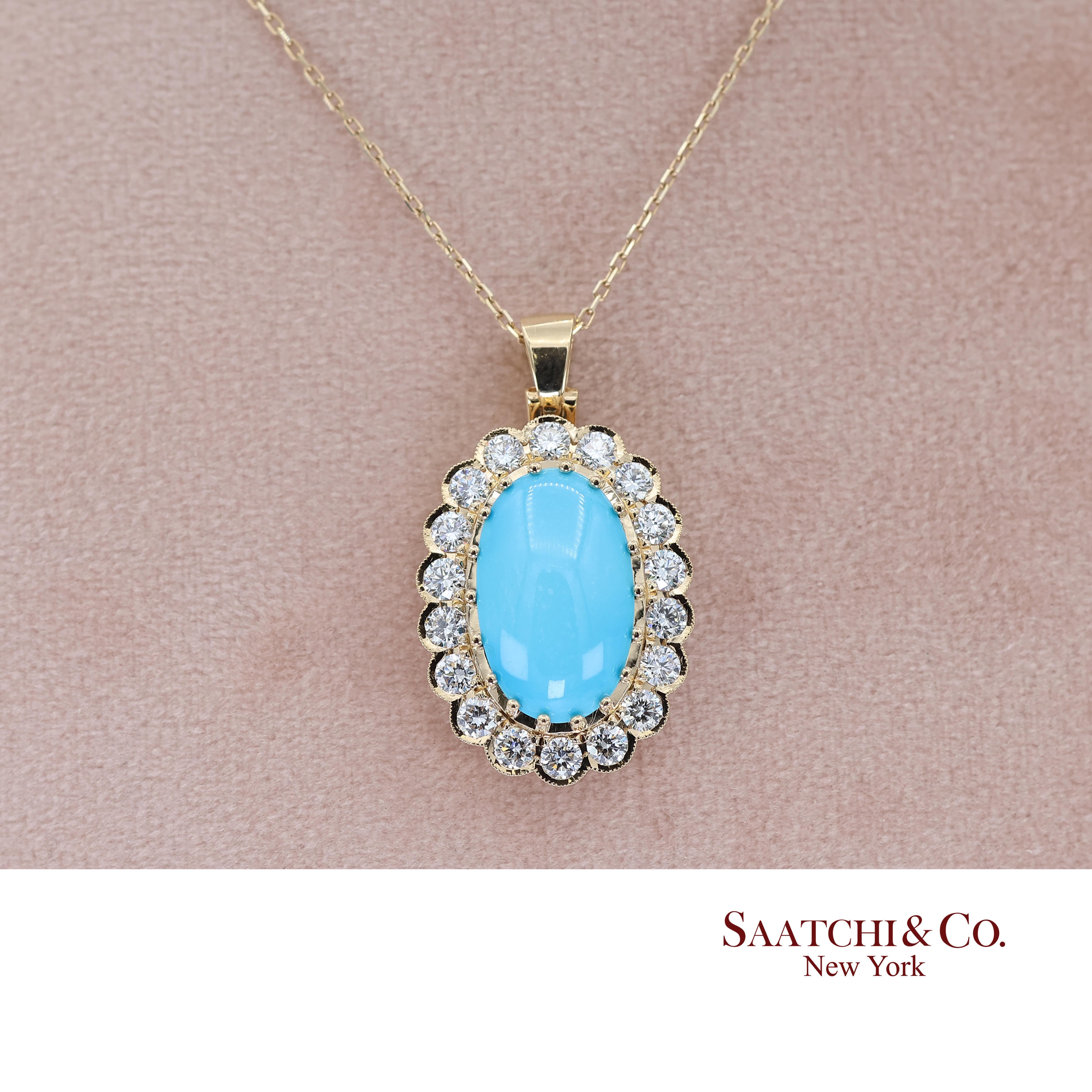 18k Persian Turquoise and Diamond Pendant Womens Yellow Gold Oval Cabochon For Sale 1