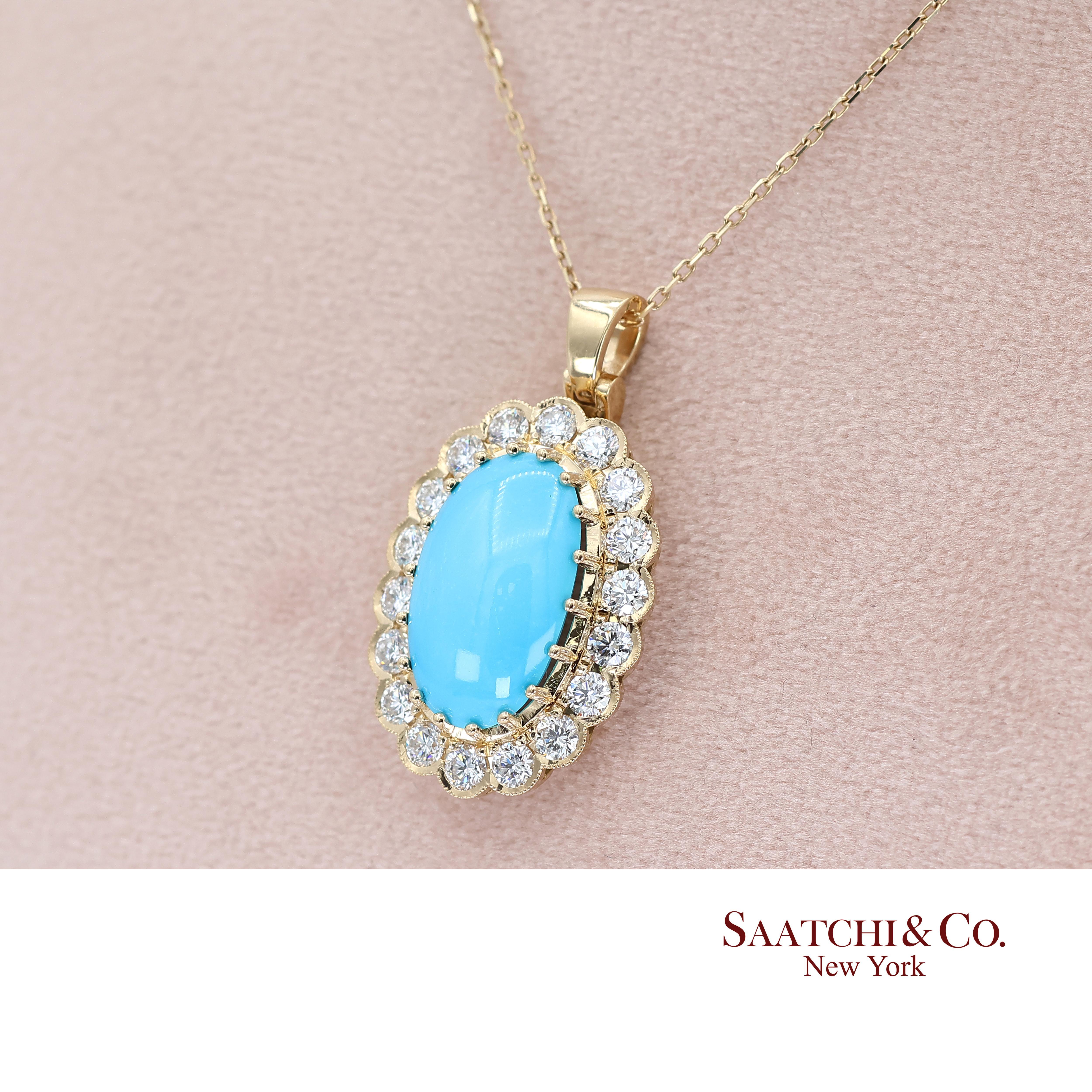 18k Persian Turquoise and Diamond Pendant Womens Yellow Gold Oval Cabochon For Sale 3