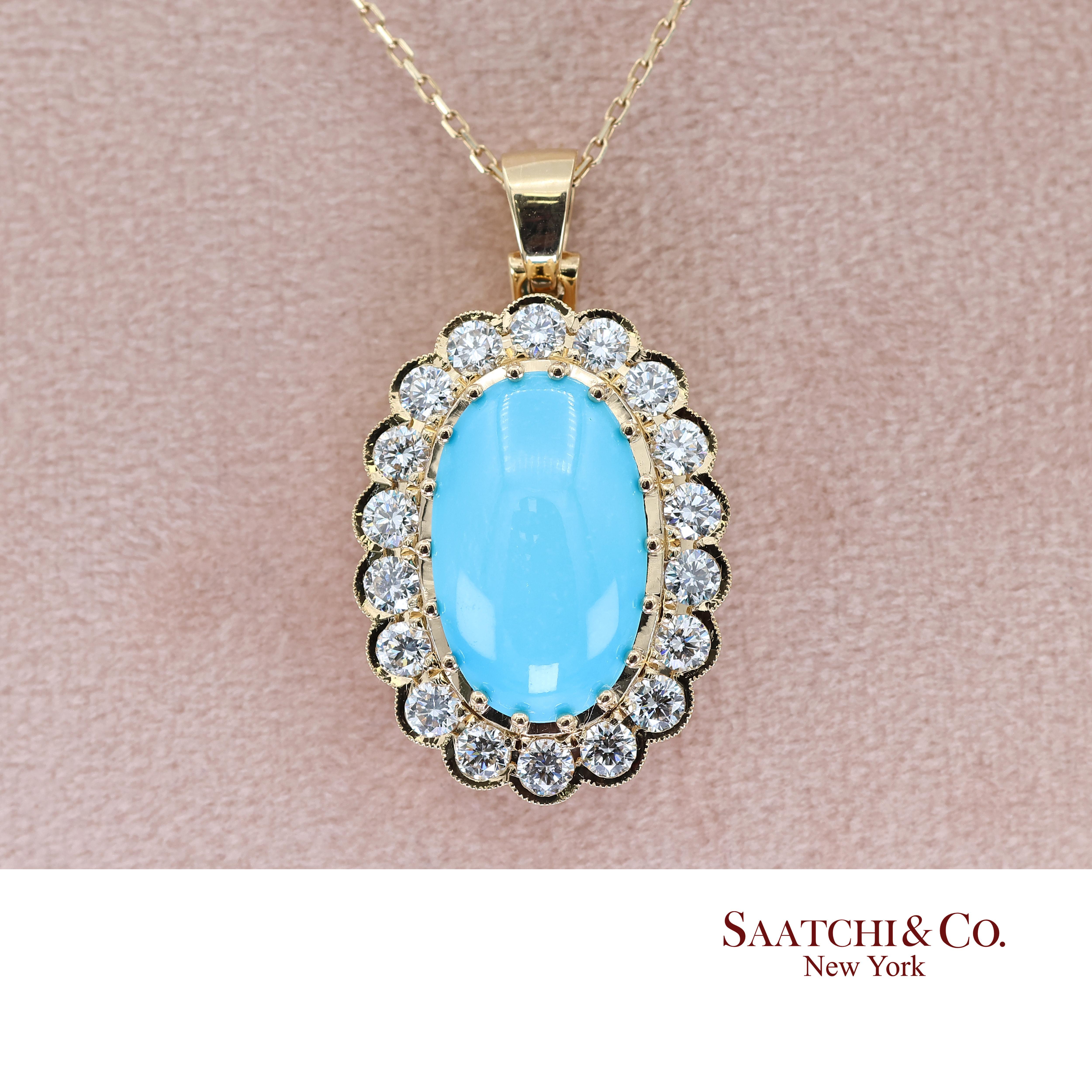 18k Persian Turquoise and Diamond Pendant Womens Yellow Gold Oval Cabochon For Sale 4