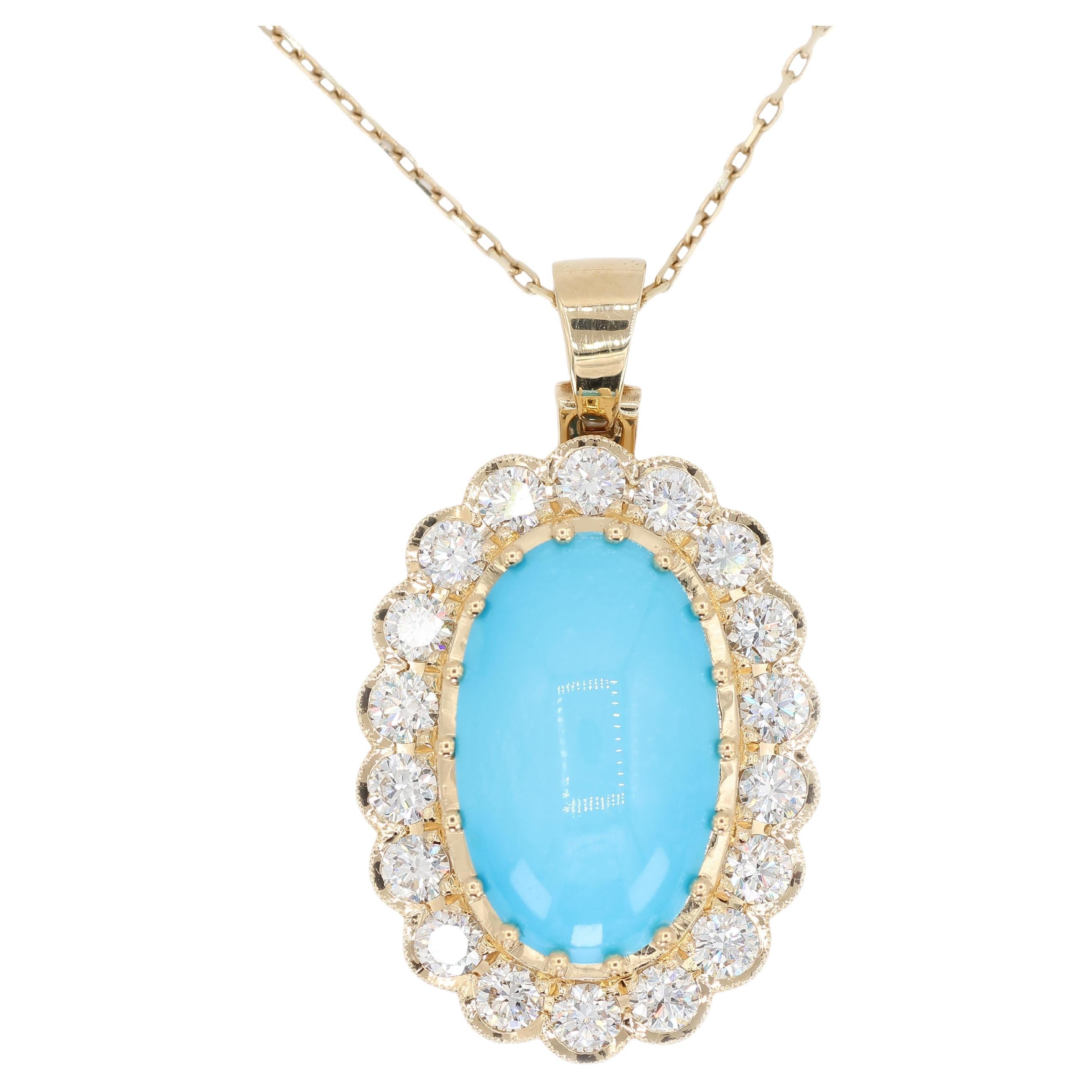 18k Persian Turquoise and Diamond Pendant Womens Yellow Gold Oval Cabochon For Sale