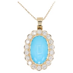 18k Persian Turquoise and Diamond Pendant Womens Yellow Gold Oval Cabochon