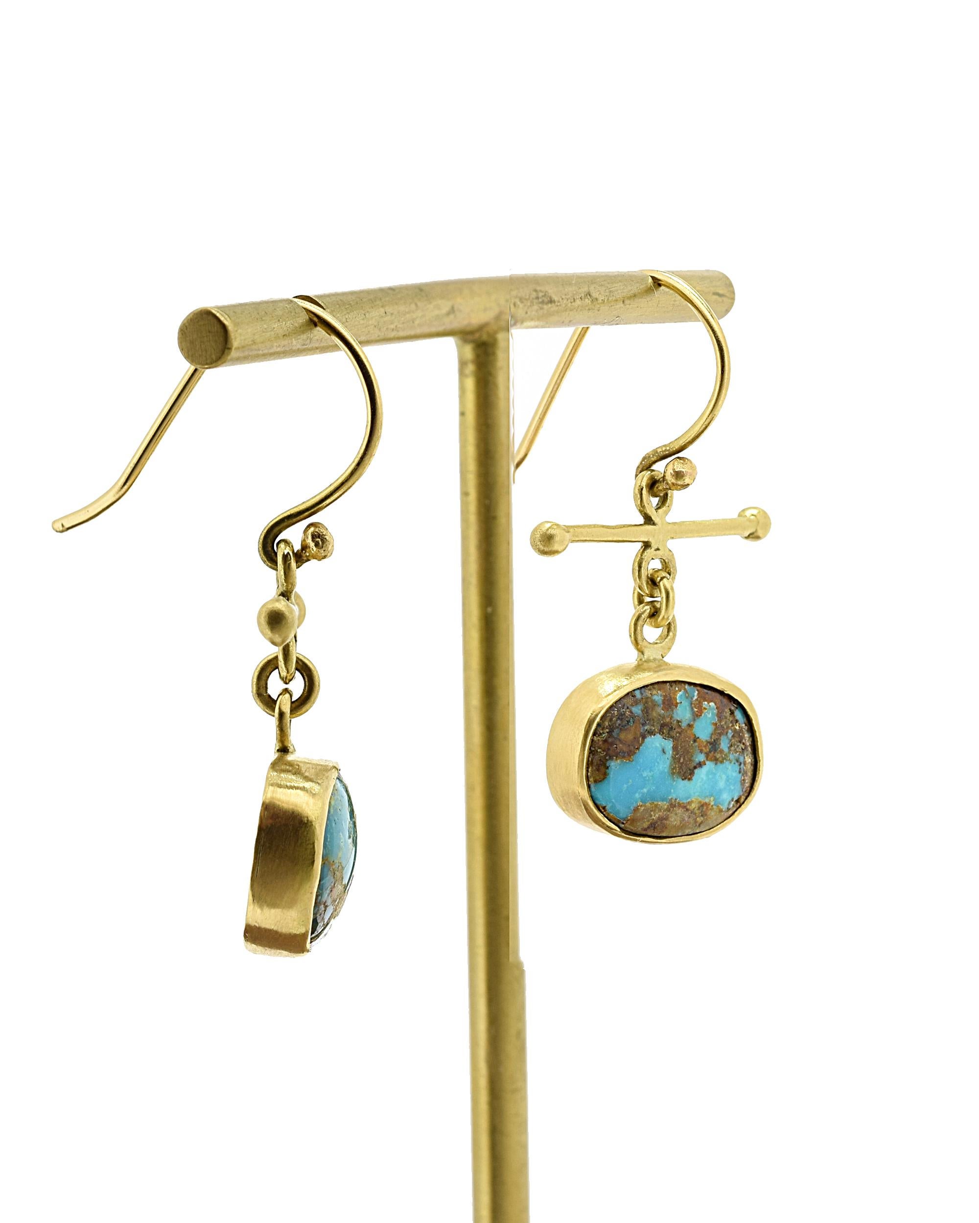 Oval Cut Persian Turquoise Gold Earrings For Sale