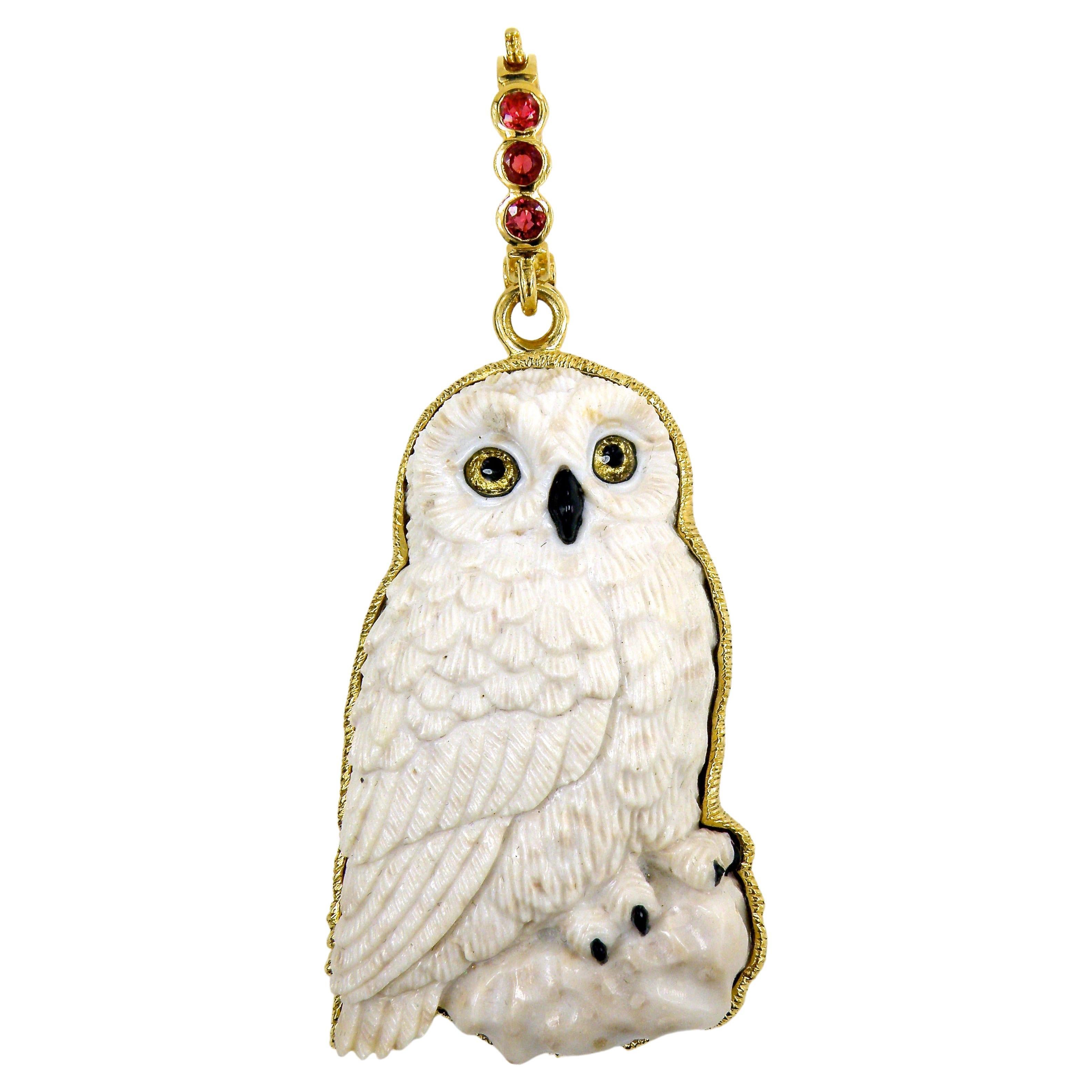 18K Petrified Palm Snowy Owl with Citrine Eyesand Sapphire Bail For Sale