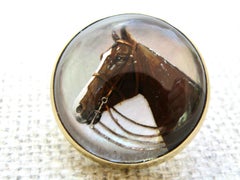 18k pin. Horse head  reverse crystal, hand painted, antiqued
