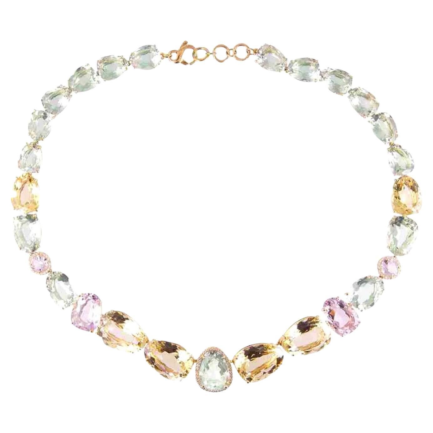 18K Pink Amethyst, Light Citrine, Prasiolite Necklace