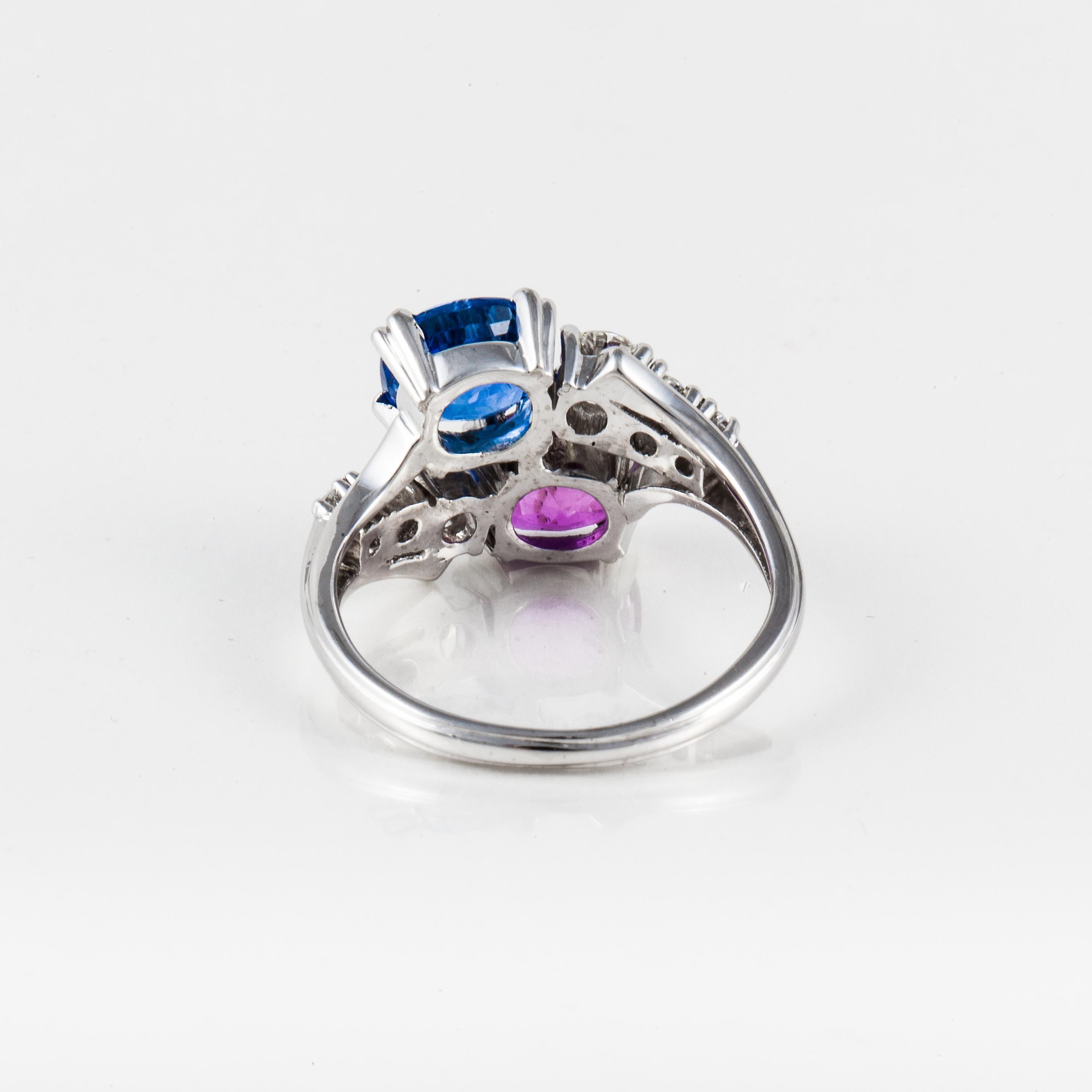 Oval Cut Pink and Blue Sapphire and Diamond Bypass Ring in 18K White Gold For Sale