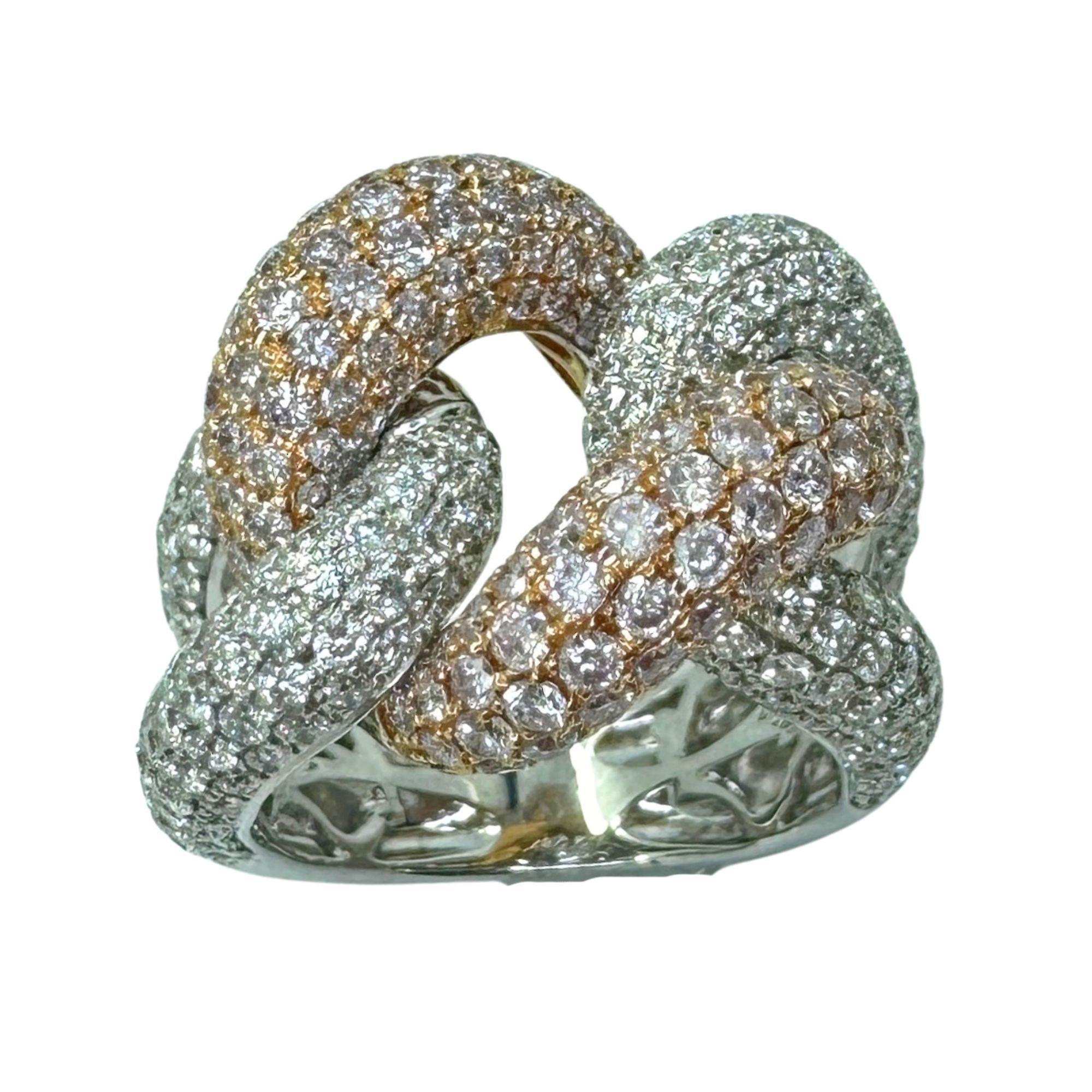 18k Pink and White Diamond Crossover Ring For Sale 2