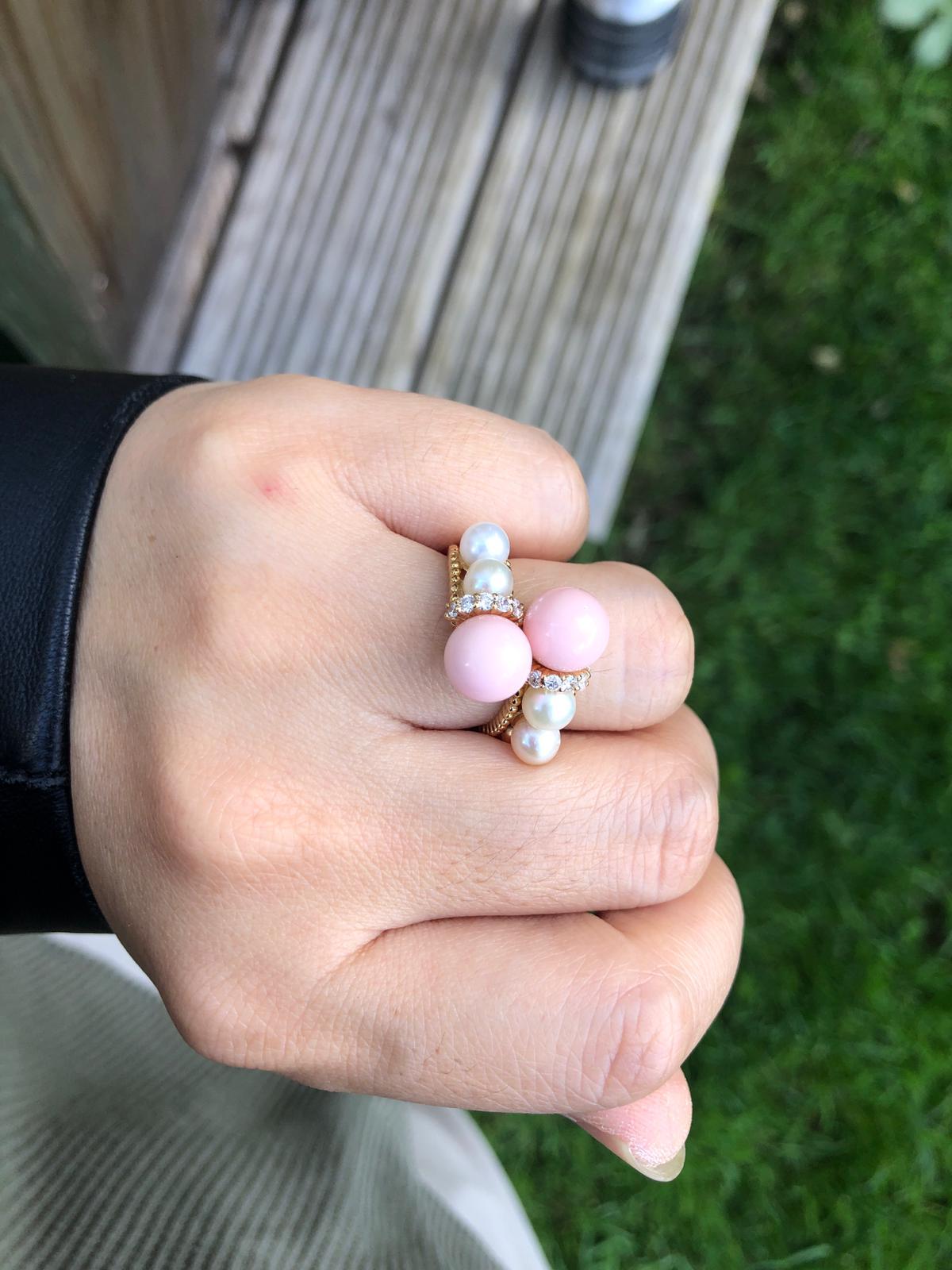 Round Cut 18 Karat Pink Coral Diamond Cultured Pearl Ring For Sale