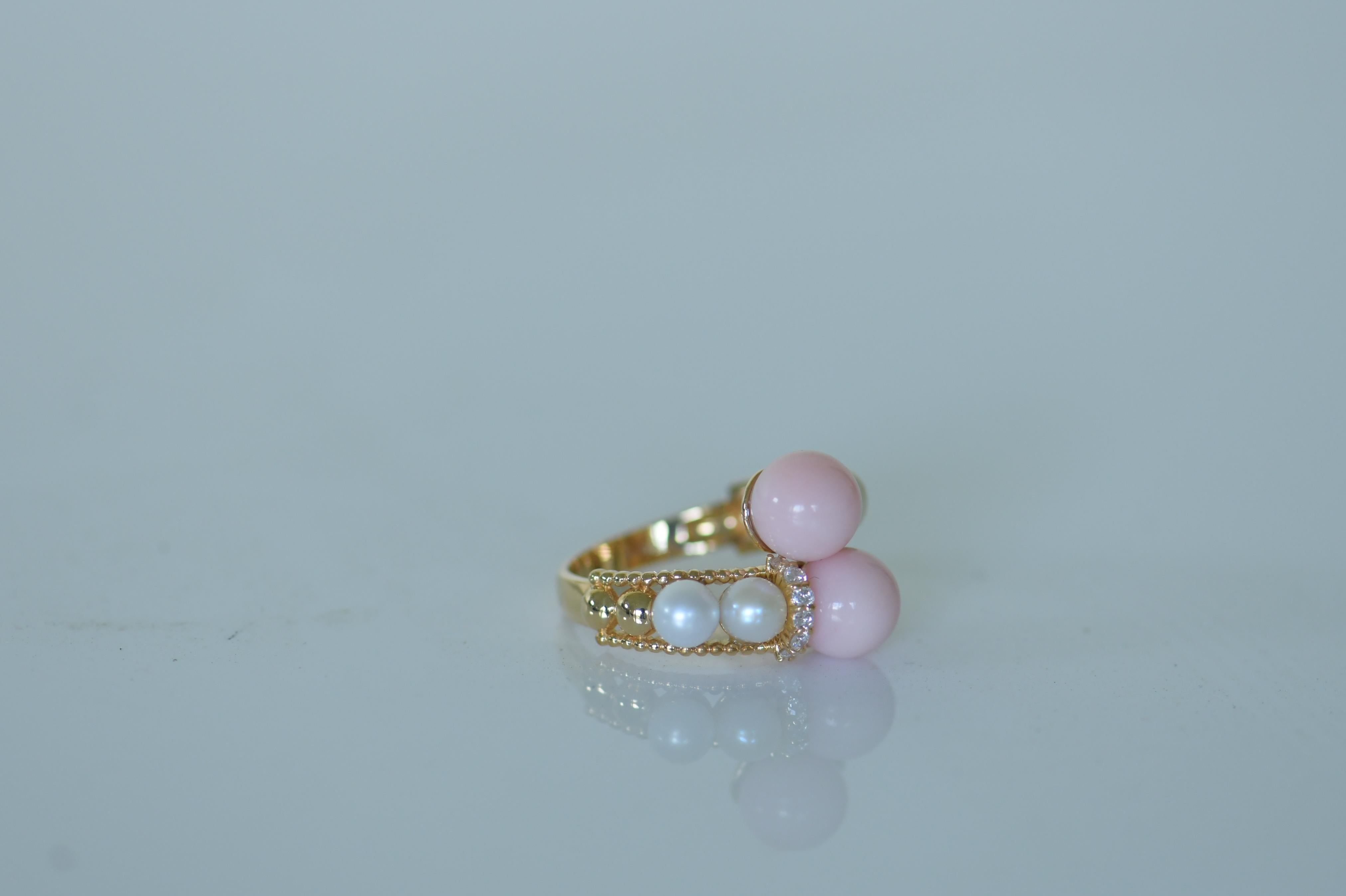 18 Karat Pink Coral Diamond Cultured Pearl Ring In Excellent Condition For Sale In Banbury, GB