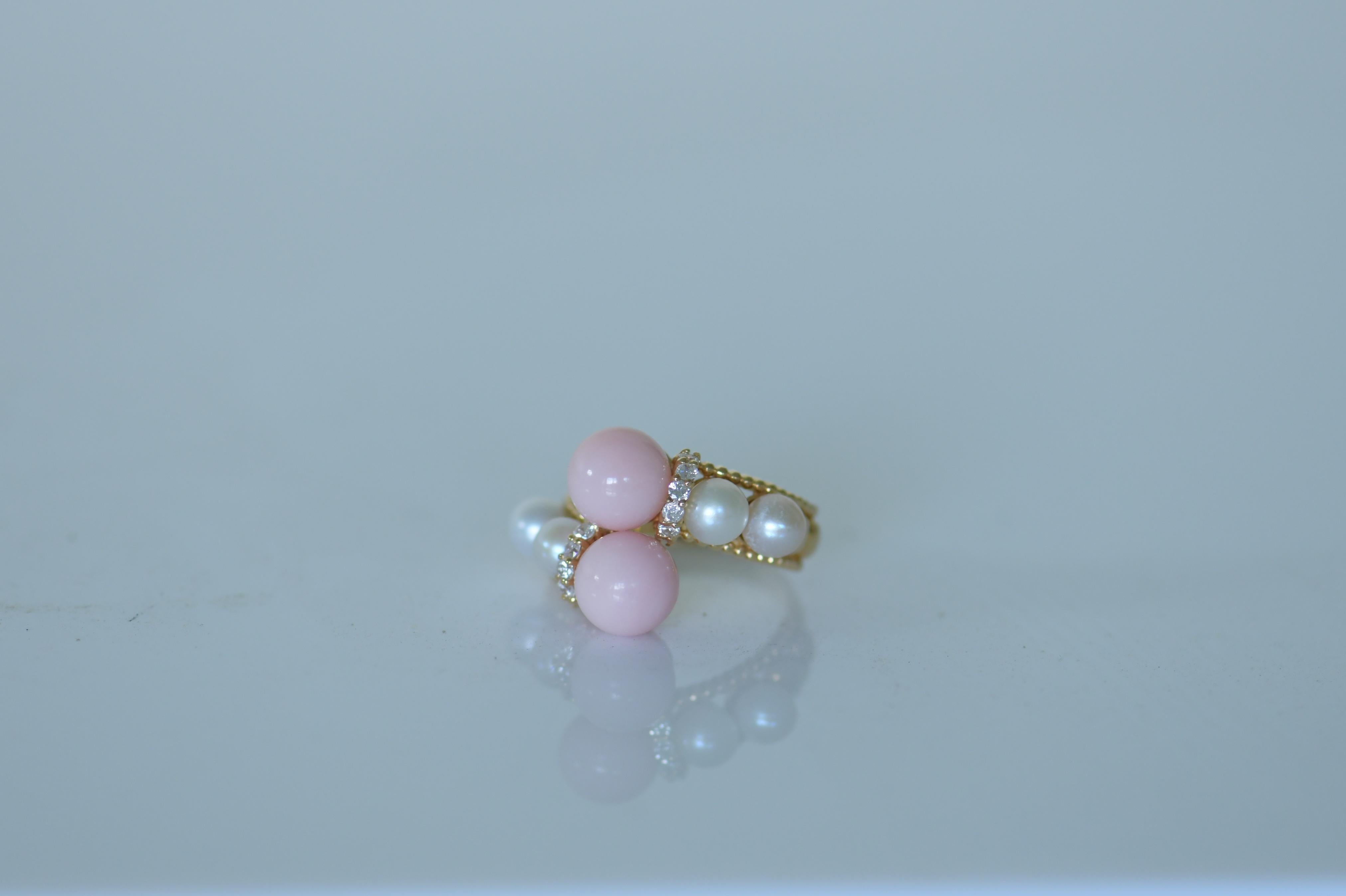 Women's or Men's 18 Karat Pink Coral Diamond Cultured Pearl Ring For Sale