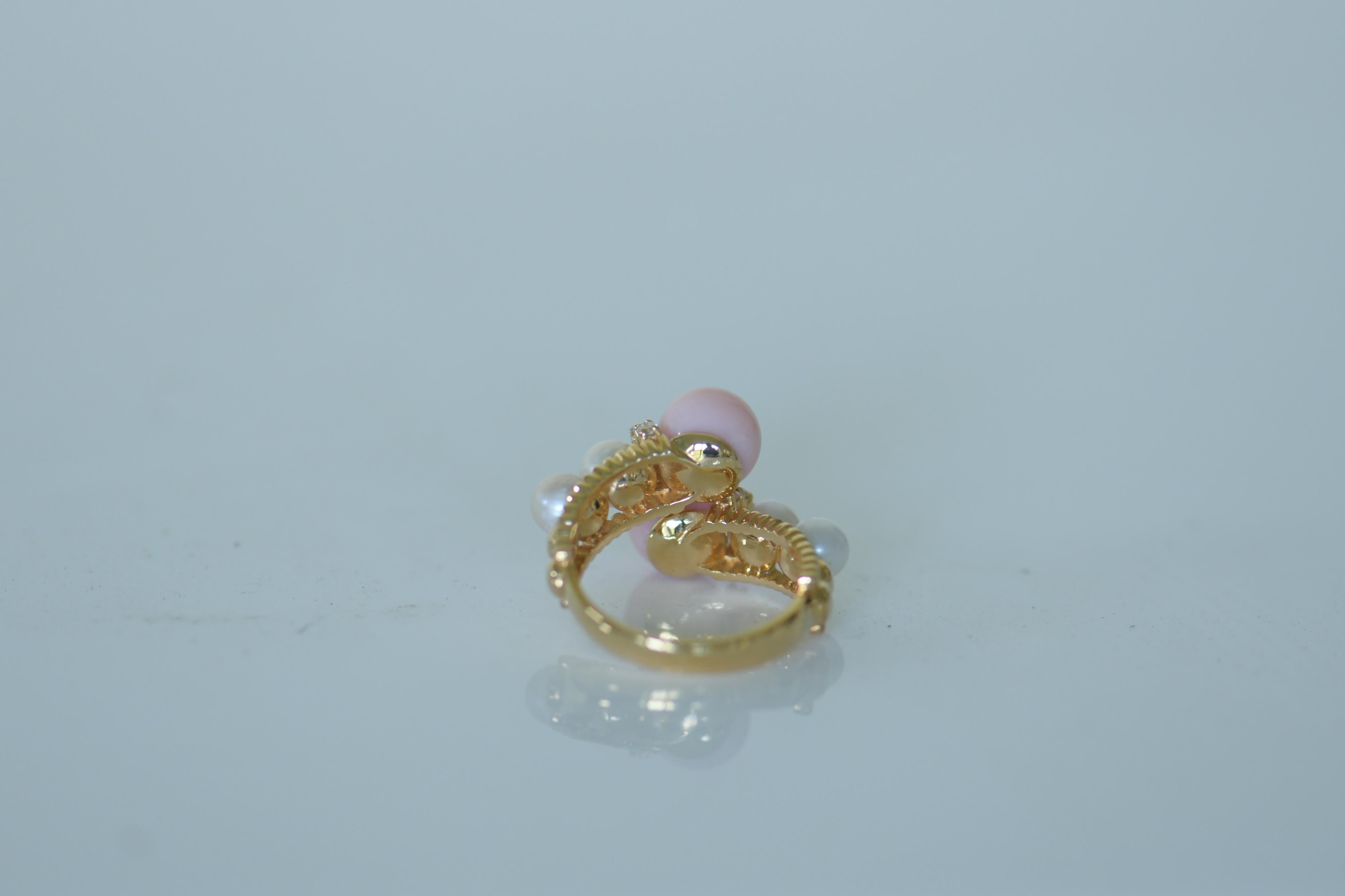 18 Karat Pink Coral Diamond Cultured Pearl Ring For Sale 1