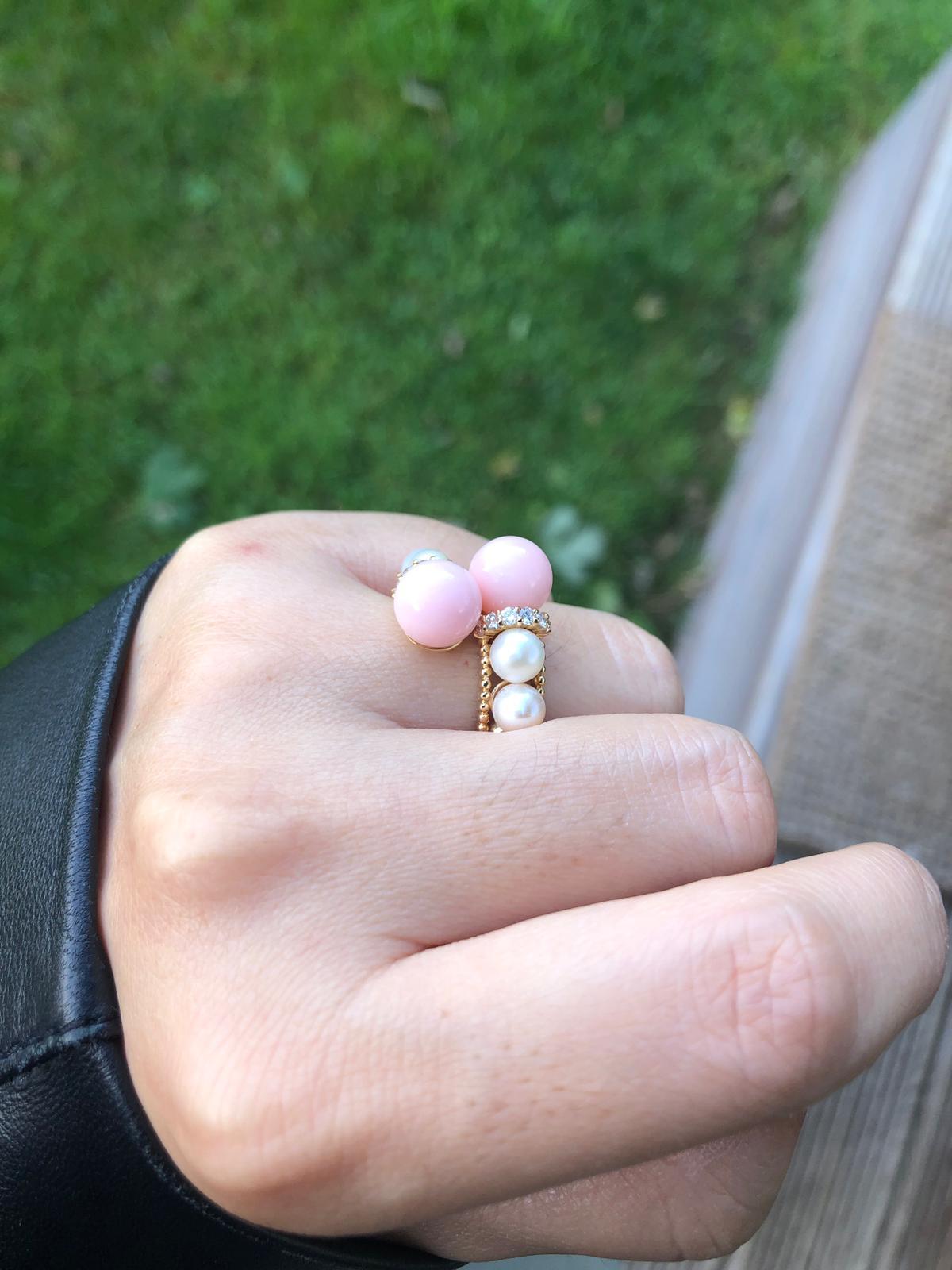 18 Karat Pink Coral Diamond Cultured Pearl Ring For Sale 2
