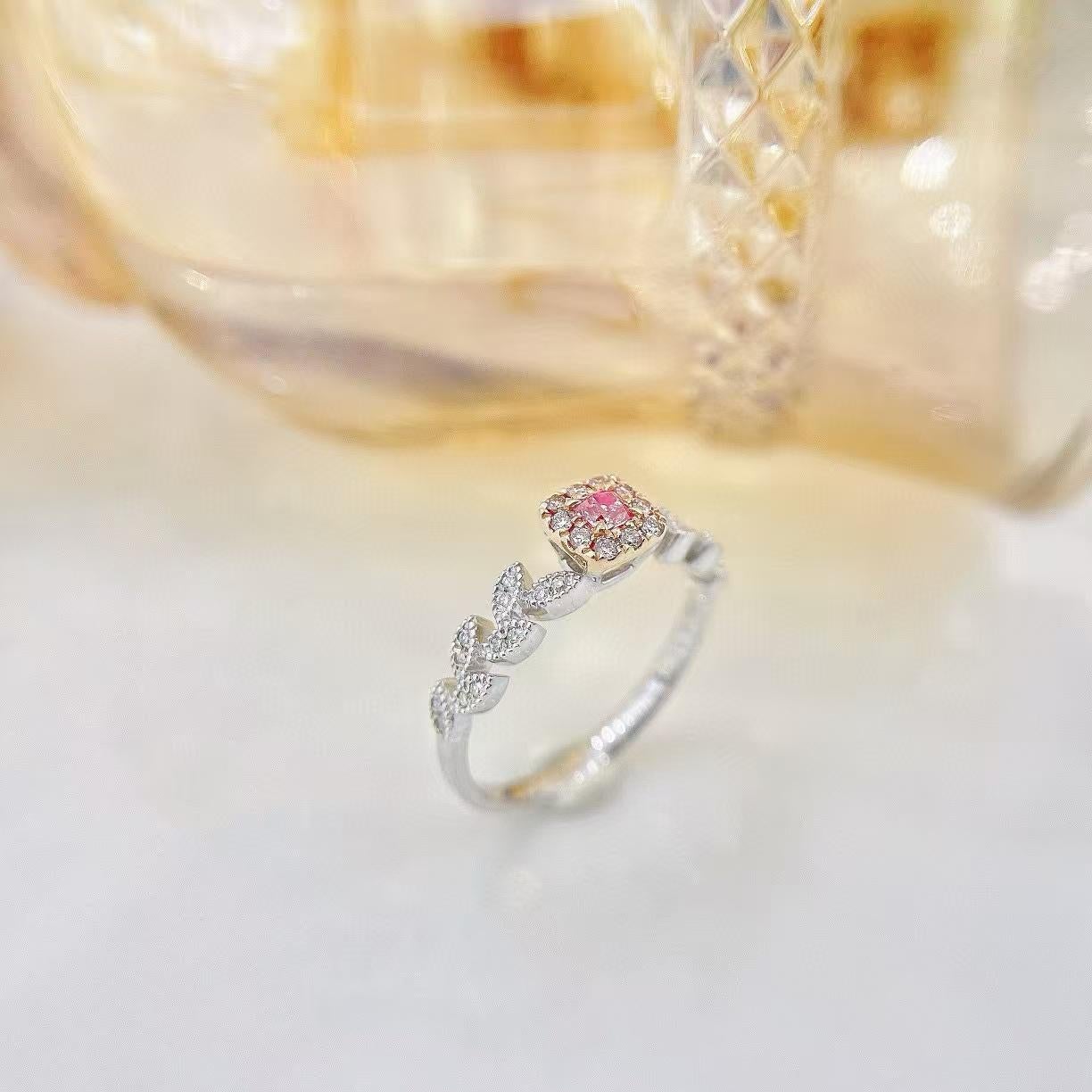 Modern Leaf Shaped 18K Gold Pink Cushion Cut Diamond Halo Ring For Sale