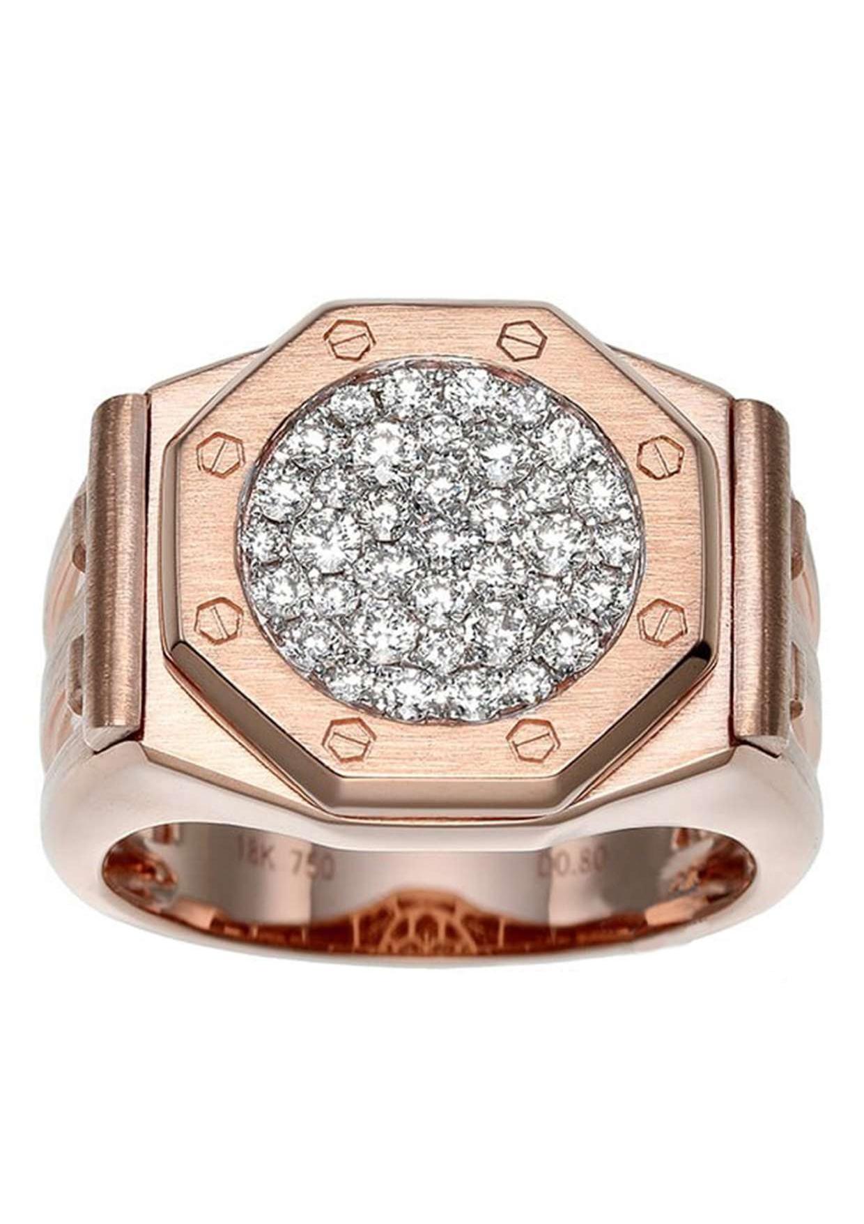 Make a statement with this unique and luxurious 18K Pink Gold Clock Shaped Diamond Ring, featuring a stunning 0.80ct diamond.

Details:
* SKU: cin422-24
* Material: 18K Pink Gold
* Jewelry Type: Ring
* Ring Size: 11.25
* Diamond Size: 0.80ct

Key