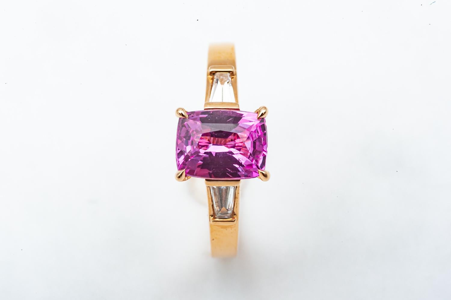 Art Deco 18K Pink Gold Cushion Cut Sapphire and Diamond Ring