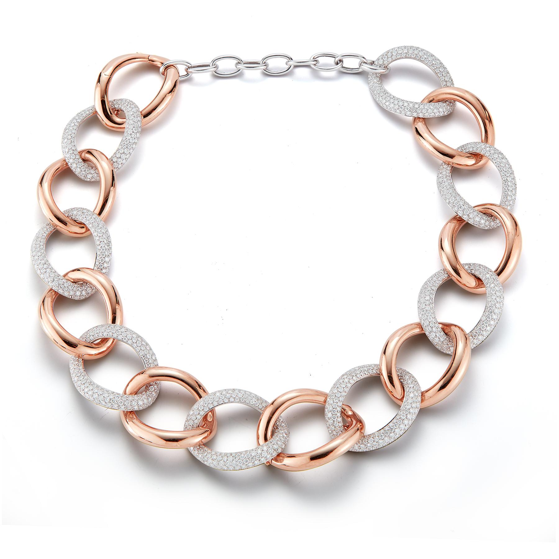 Magnificent 18K Interlocking Loop Necklace with 8 Smooth Pink Gold Loops Embracing 8 Dazzling Diamond-Laden Loops of 1,424 stones.