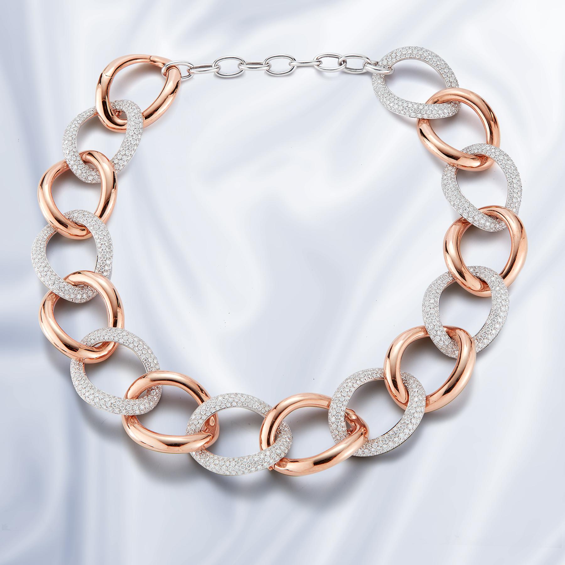 Modern 18 Karat Pink Gold and Diamond Interlocking Loop Necklace For Sale