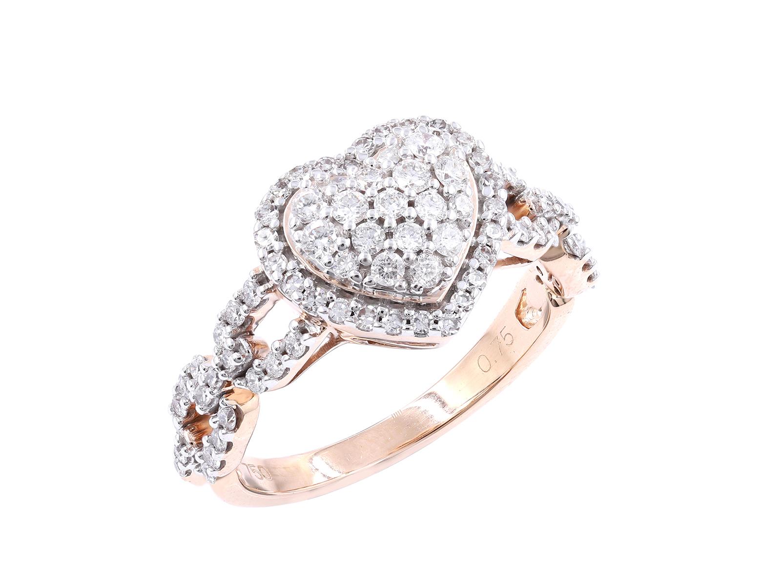 Art Déco Anello a forma di cuore in oro rosa 18K con diamanti a grappolo - 0,75 CTW in vendita