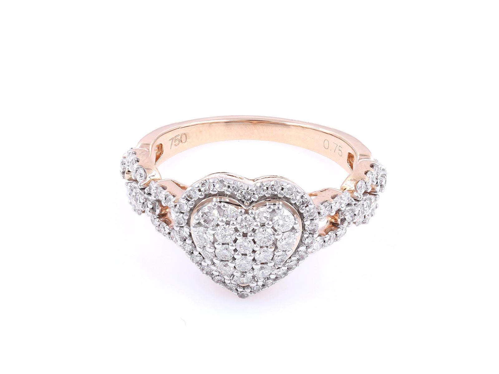 Taglio rotondo Anello a forma di cuore in oro rosa 18K con diamanti a grappolo - 0,75 CTW in vendita