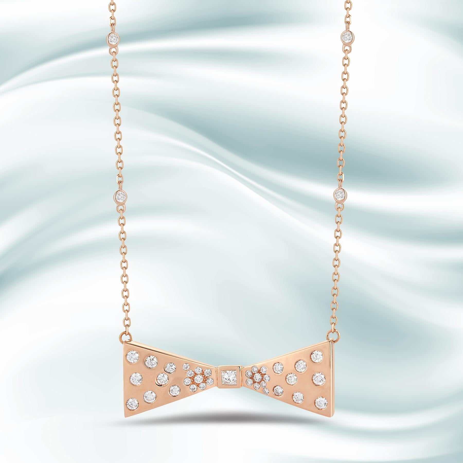 Modern 18 Karat Pink Gold Necklace with Diamond-Embellished Bow