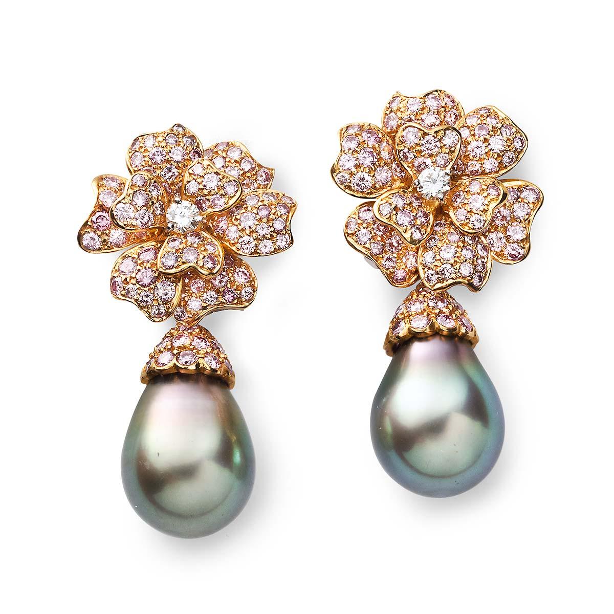 Flowers: 176 pink round diamonds  - 4.89cts , 2 white round diamonds .37cts 

Drops: 48 pink round diamonds  - 2.09cts 