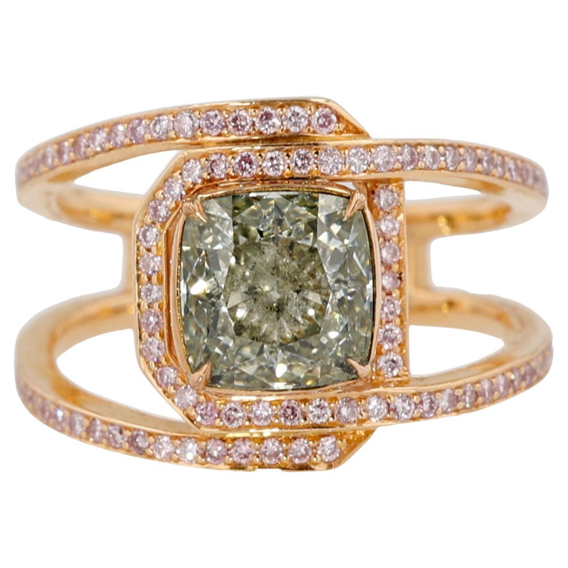 18K Pink Gold Ring, Fancy Light Grayish Greenish Yellow Diamond & Pink Diamonds