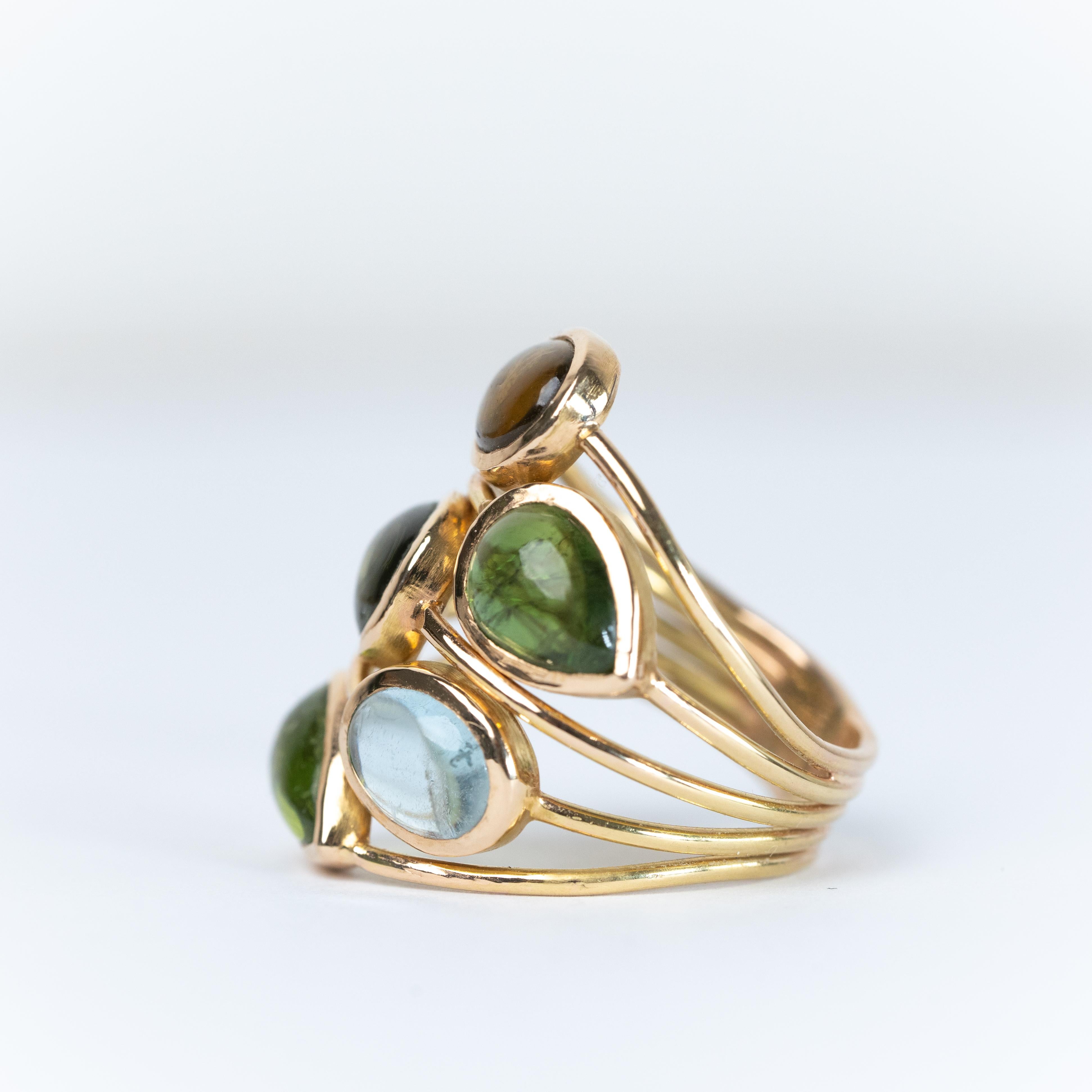 Grenn, brown and blue colours for this beautiful and voluminous ring.
Subtile palette of colour cabochons, four tourmaline stones and one aquamarine.
18K pink gold ring. Finger size: 54 or 6
can be adjusted
Tourmalines and Aquamarines total weight: