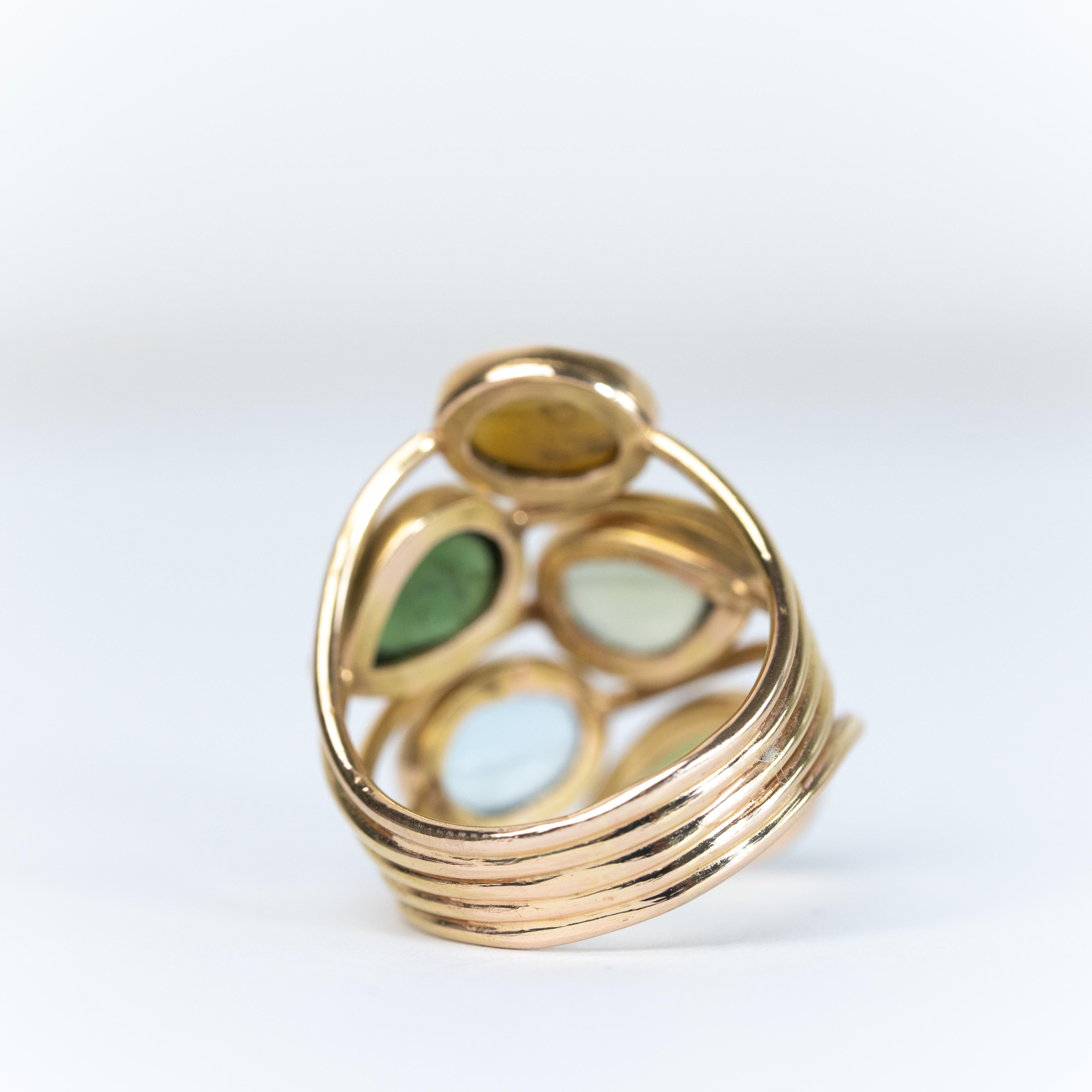 Contemporary 18K Pink Gold Ring Set with Green Tourmalines and Aquamarines Cabochons For Sale