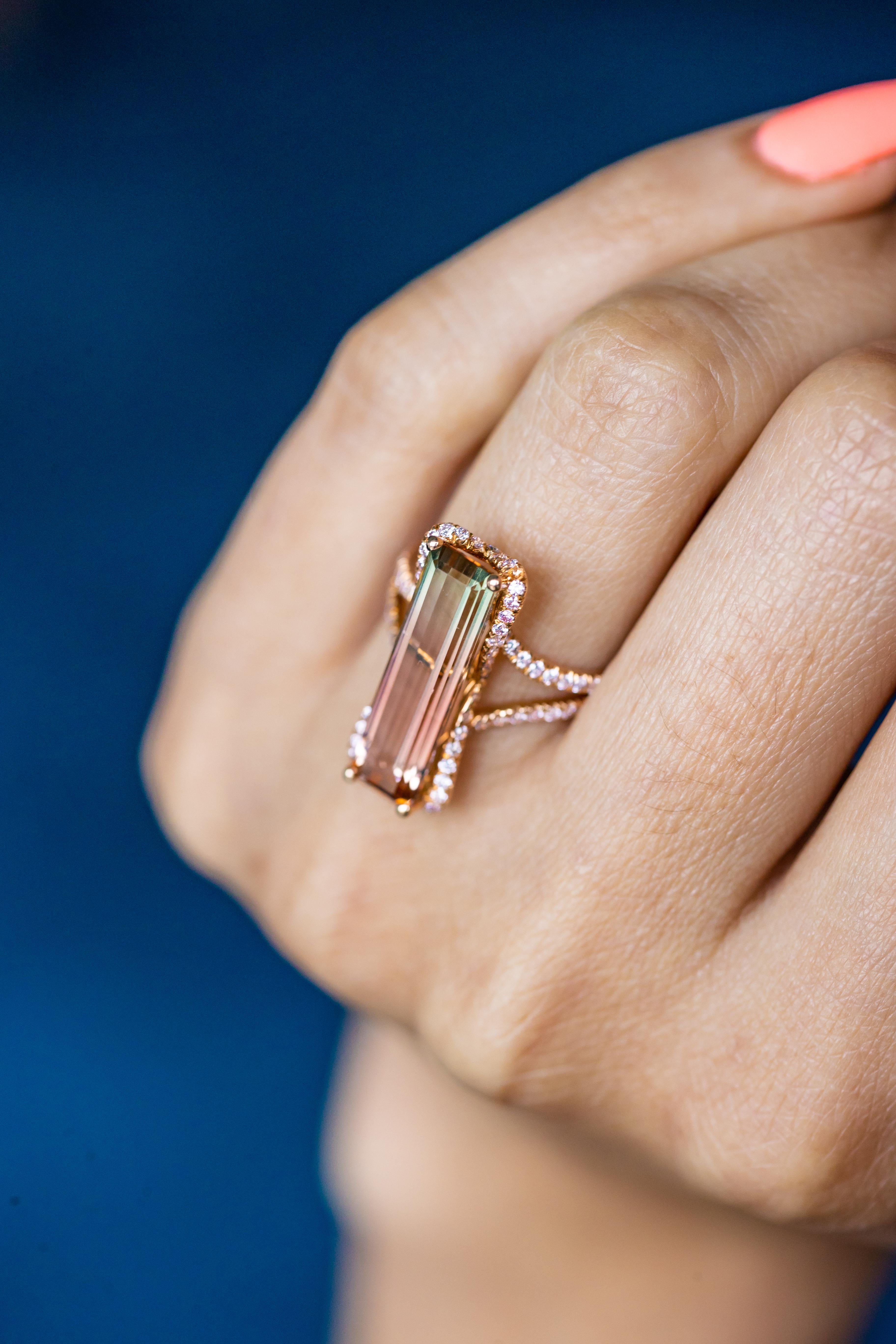 Modern 18K Pink Gold Ring with Bi-Color Tourmaline and Argyle Pink Diamonds by J. Fine For Sale