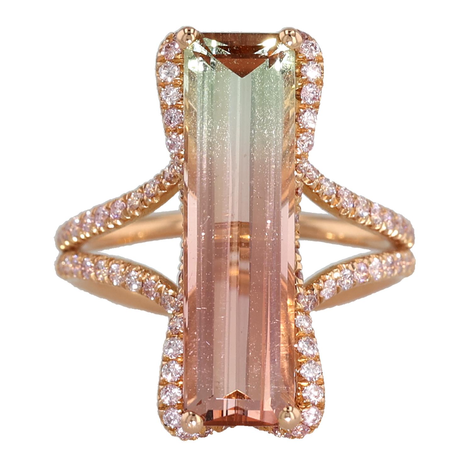 Mixed Cut 18K Pink Gold Ring with Bi-Color Tourmaline and Argyle Pink Diamonds by J. Fine For Sale