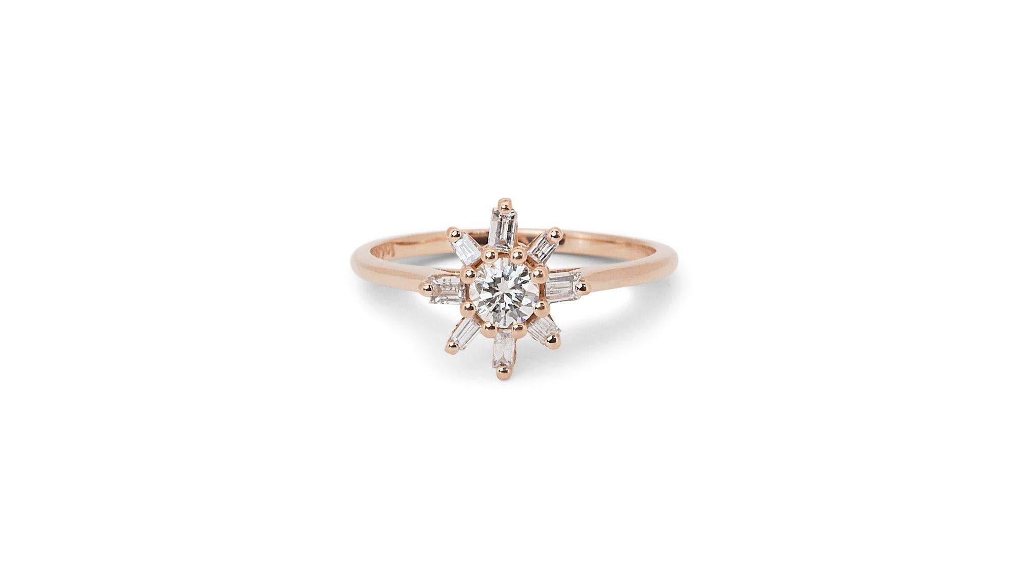 A beautiful unique cluster ring with a dazzling 0.25 carat round Brilliant natural diamond. It has 0.3 carat of side diamonds which add more to its elegance. The jewelry is made of 18K Rose Gold with a high quality polish. It comes with an AIG
