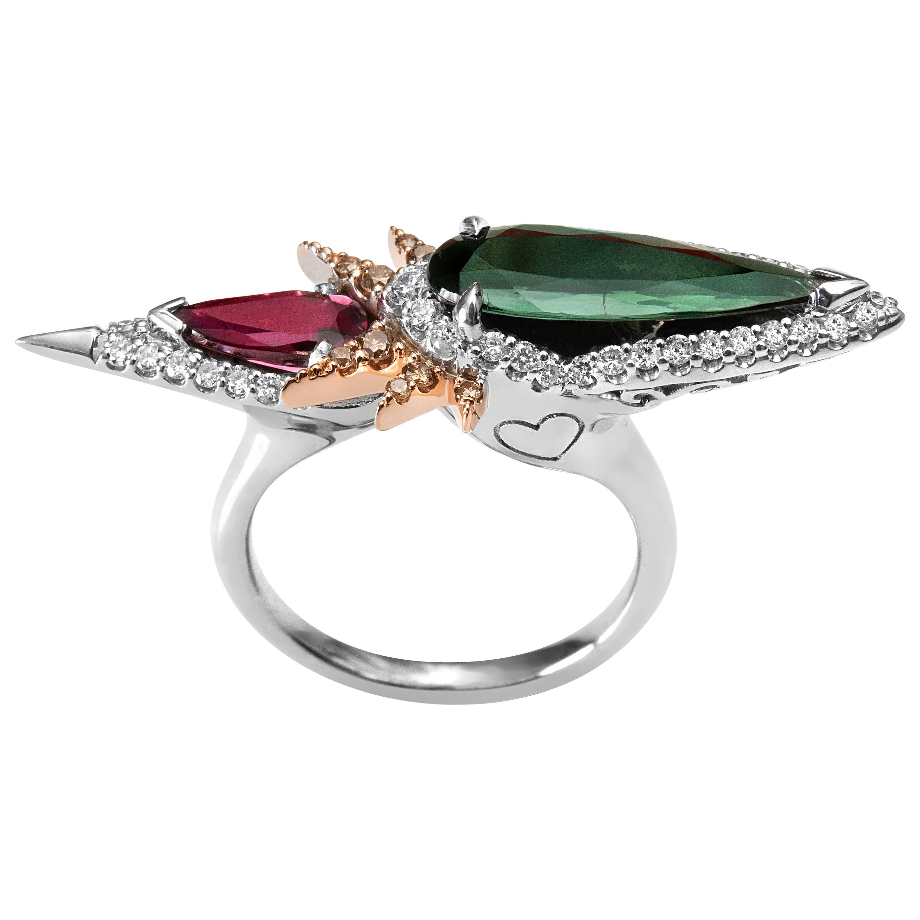 Harlin Jones Pink and Green Tourmaline and Cognac Diamond Ring For Sale