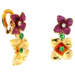 18k Pink Sapphire and Peridot Floral Earrings by Georg Hornemann