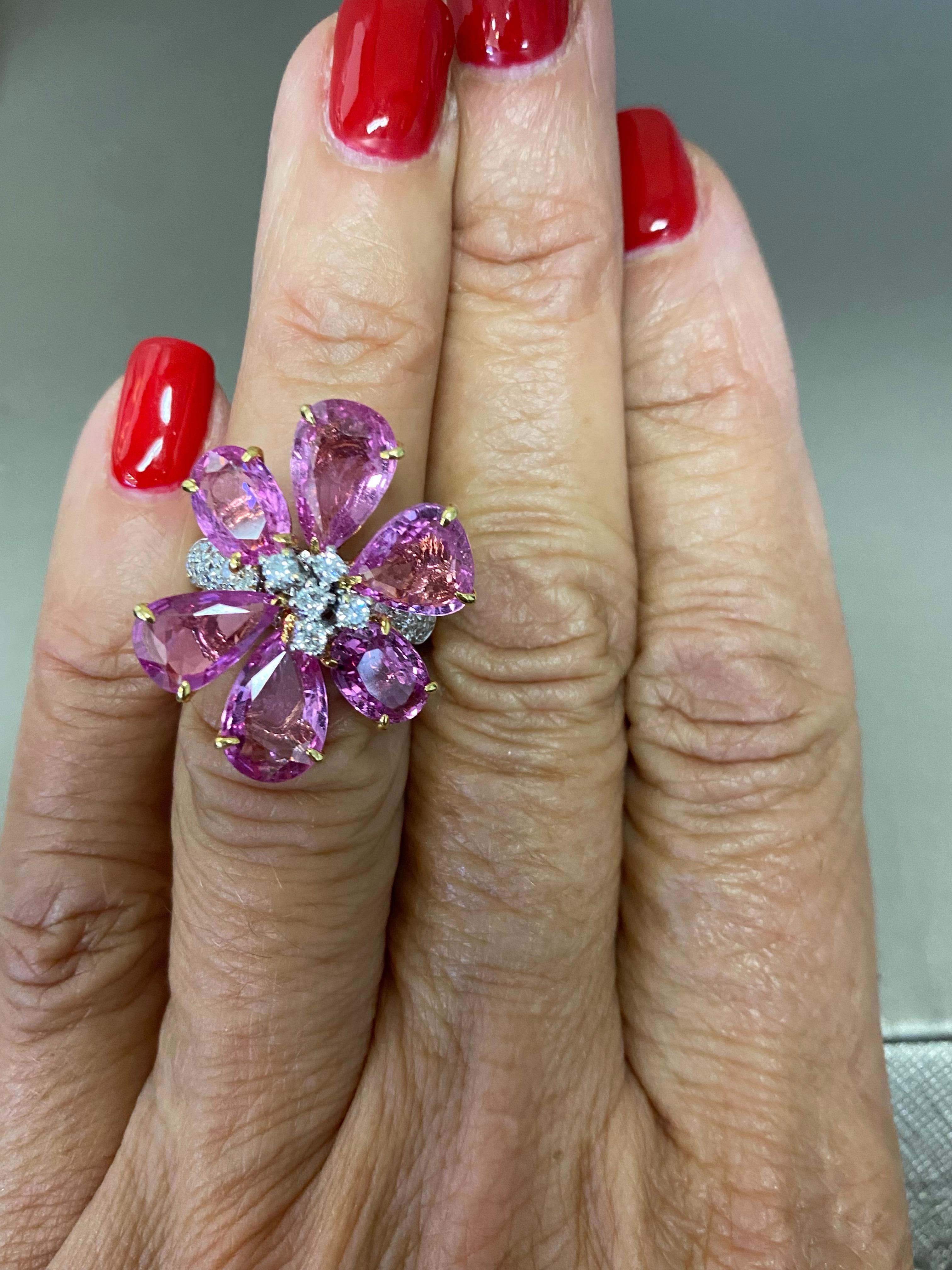 Pear Cut 18K Pink Sapphire Flower Petal Ring 3.00 Ct Vibrant Color