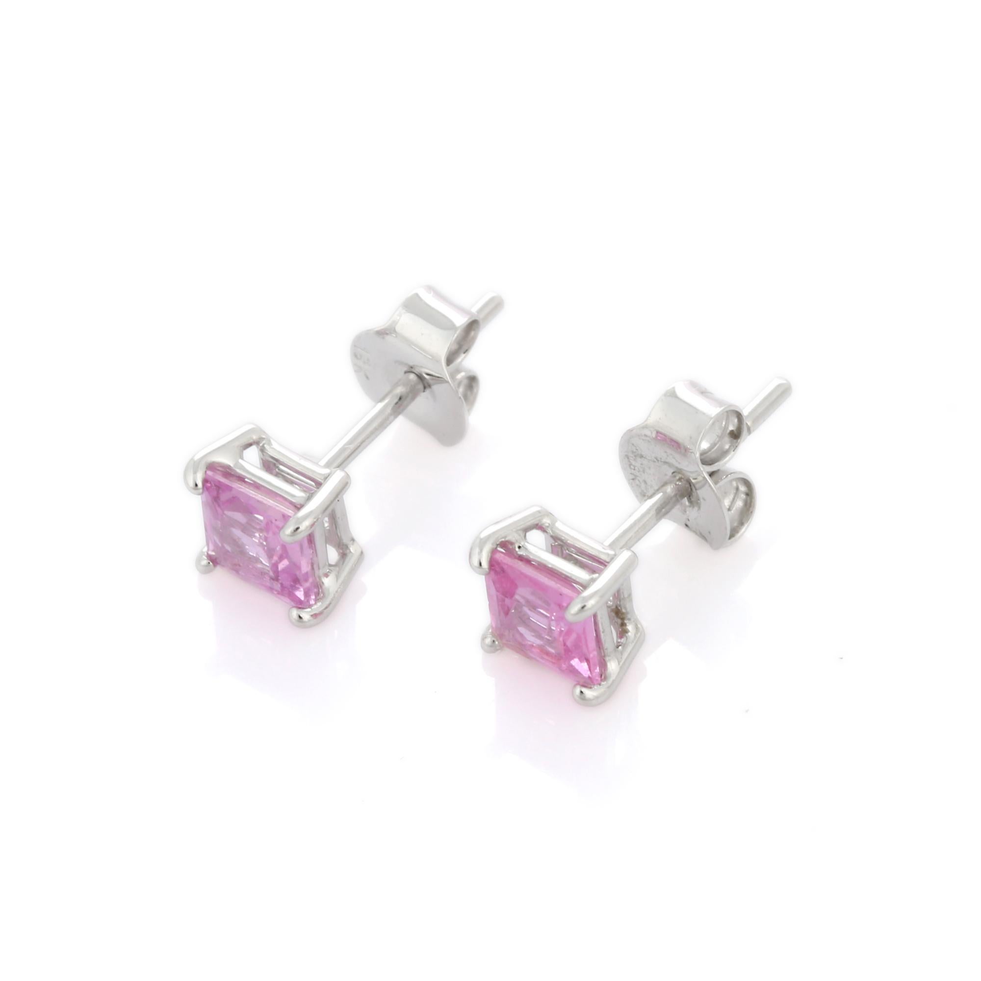Studs create a subtle beauty while showcasing the colors of the natural precious gemstones and illuminating diamonds making a statement.

Square cut pink sapphire studs in 18K gold. Embrace your look with these stunning pair of earrings suitable for