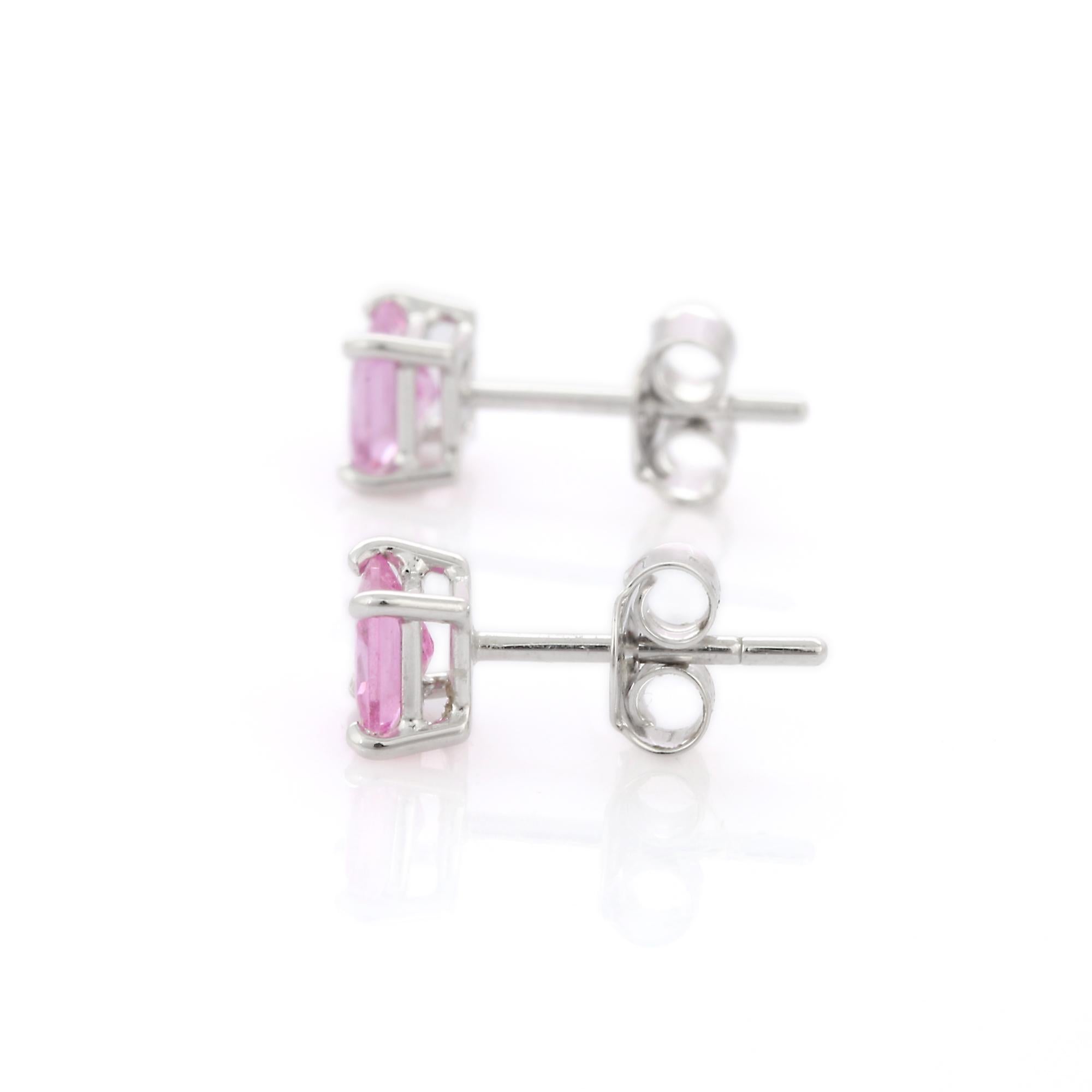 Square Cut 18K Pink Sapphire Stud Earrings in White Gold For Sale