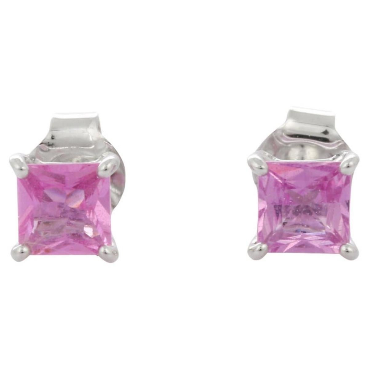 18K Solid White Gold Natural Pink Sapphire Stud Earrings for Mothers Day Gift For Sale 1